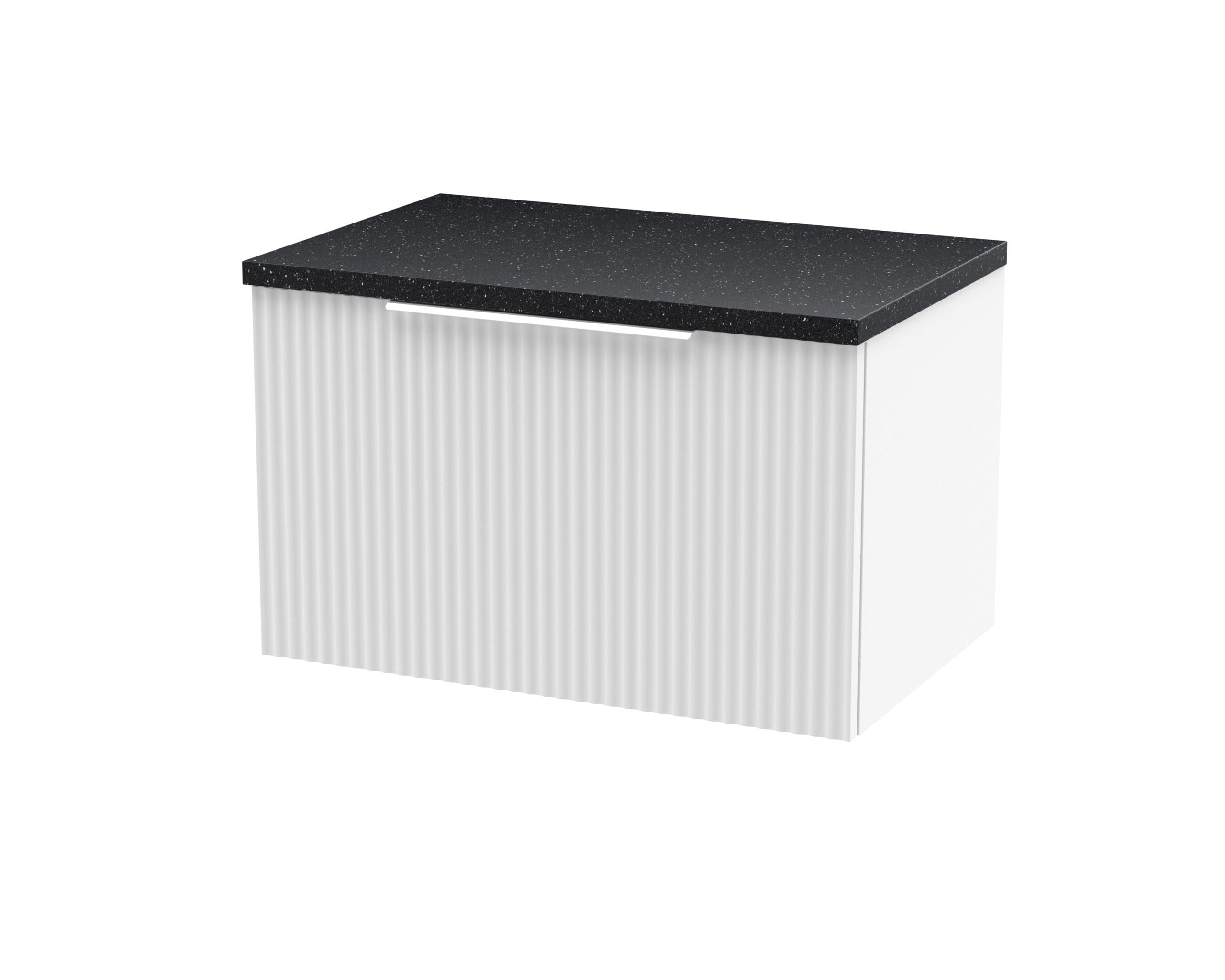 Sleek white bathroom vanity unit with a black speckled quartz countertop, modern design, flat-front drawers, perfect for contemporary bathroom makeover, stylish storage solution.