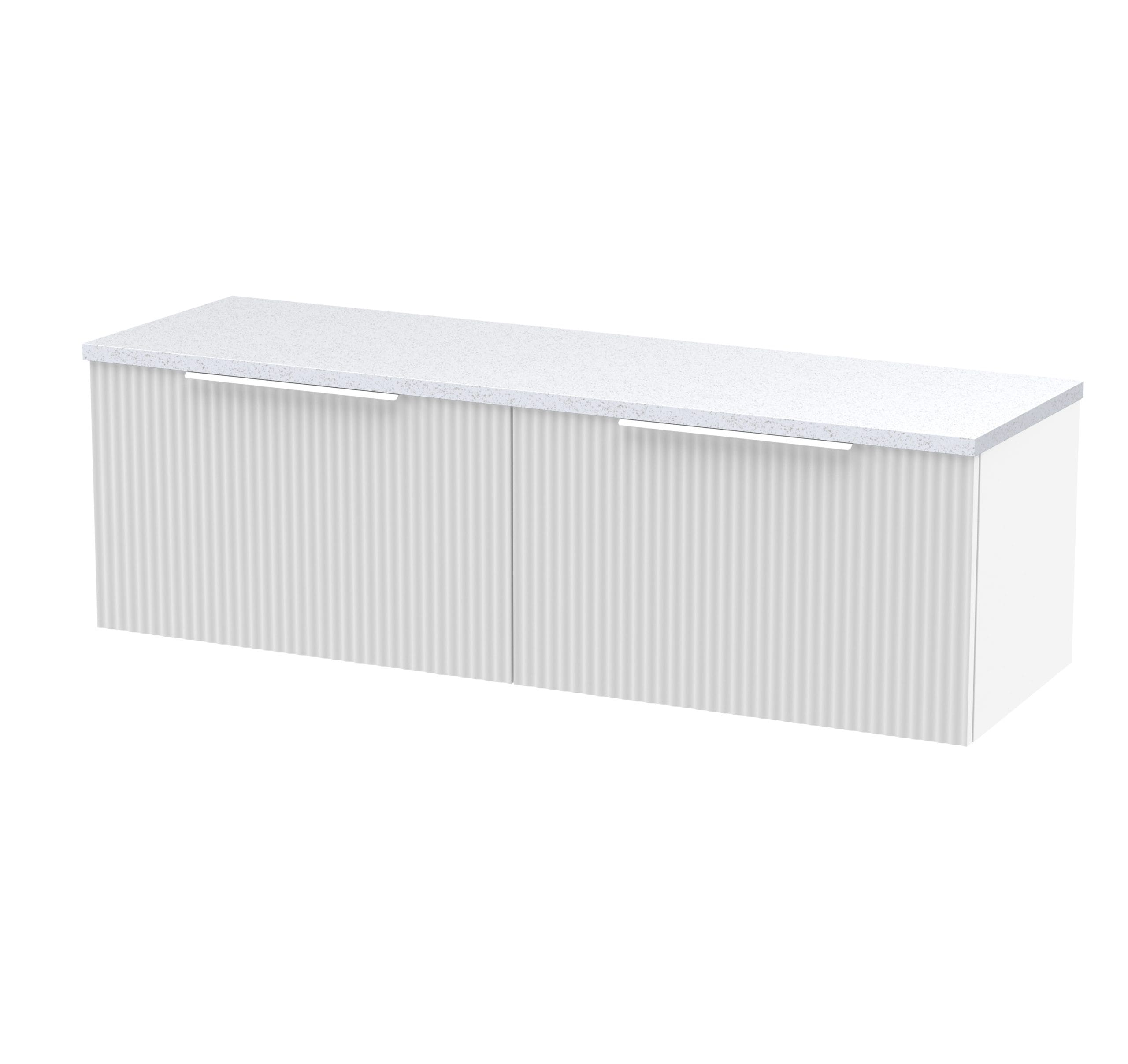 Modern white bathroom storage cabinet with a sleek, minimalist design, featuring ribbed doors and a smooth, durable countertop for organised bathroom essentials. Perfect for contemporary bathrooms.