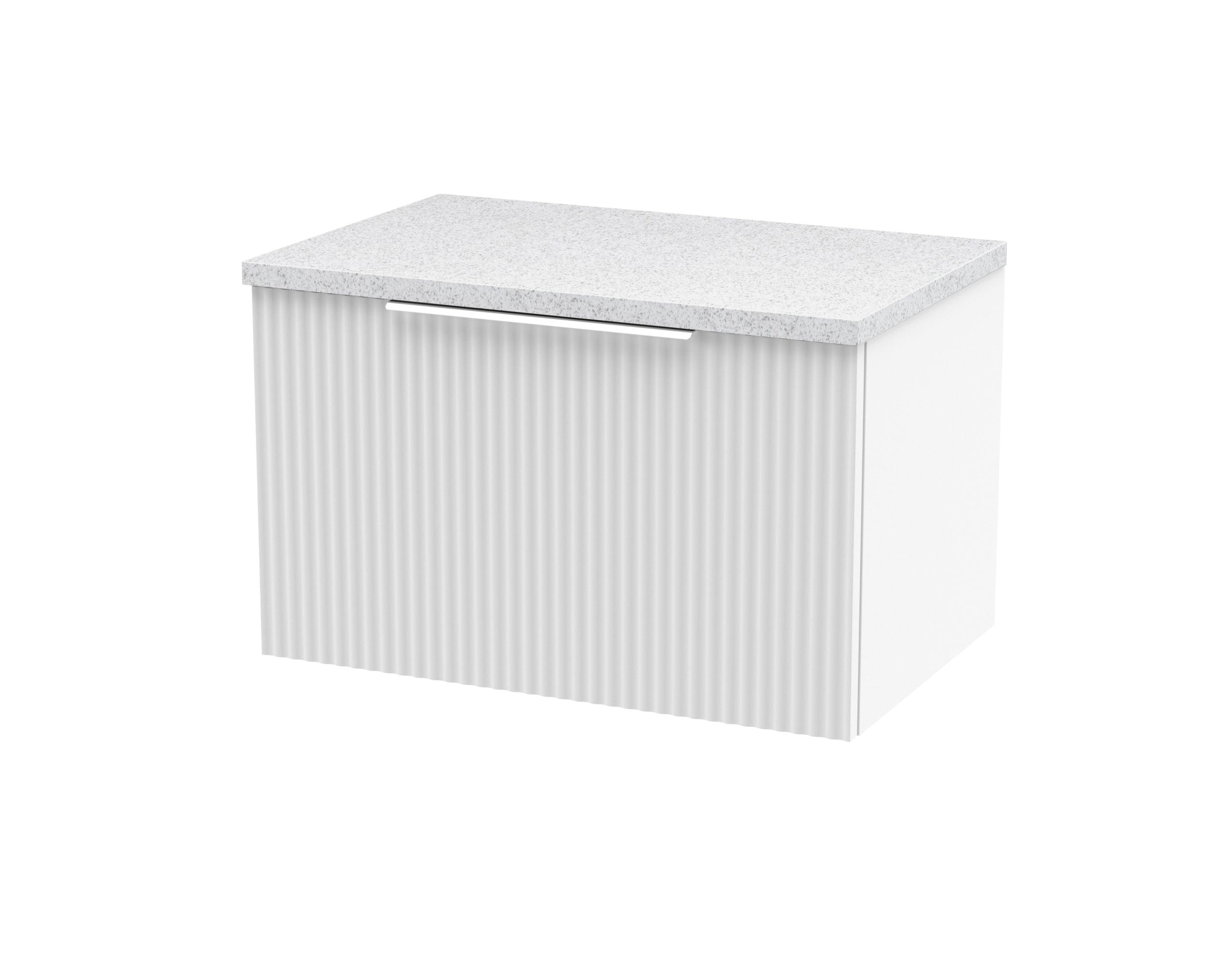 Modern white bathroom vanity with a textured panel front and a sleek, granite countertop – ideal for contemporary Bubly bathrooms.