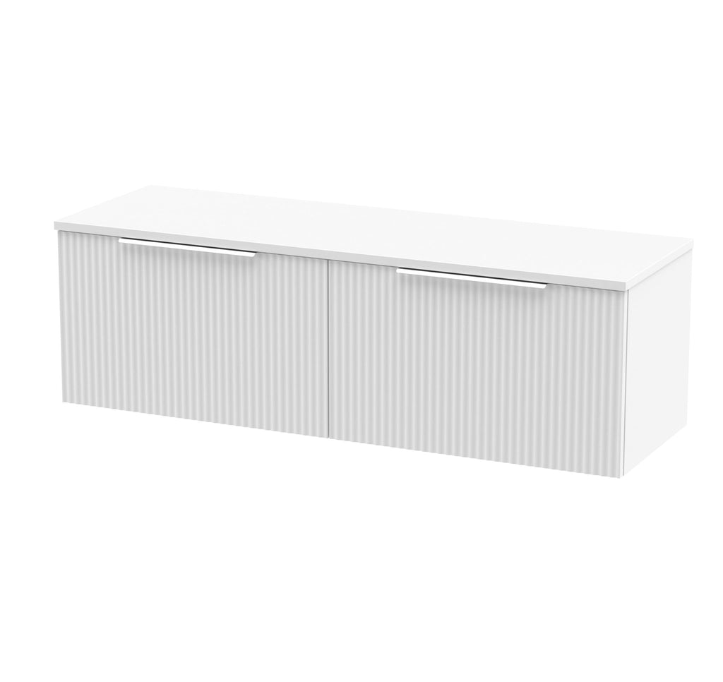 Contemporary white bathroom cabinet with ribbed doors and sleek handles for modern bathroom storage solutions.