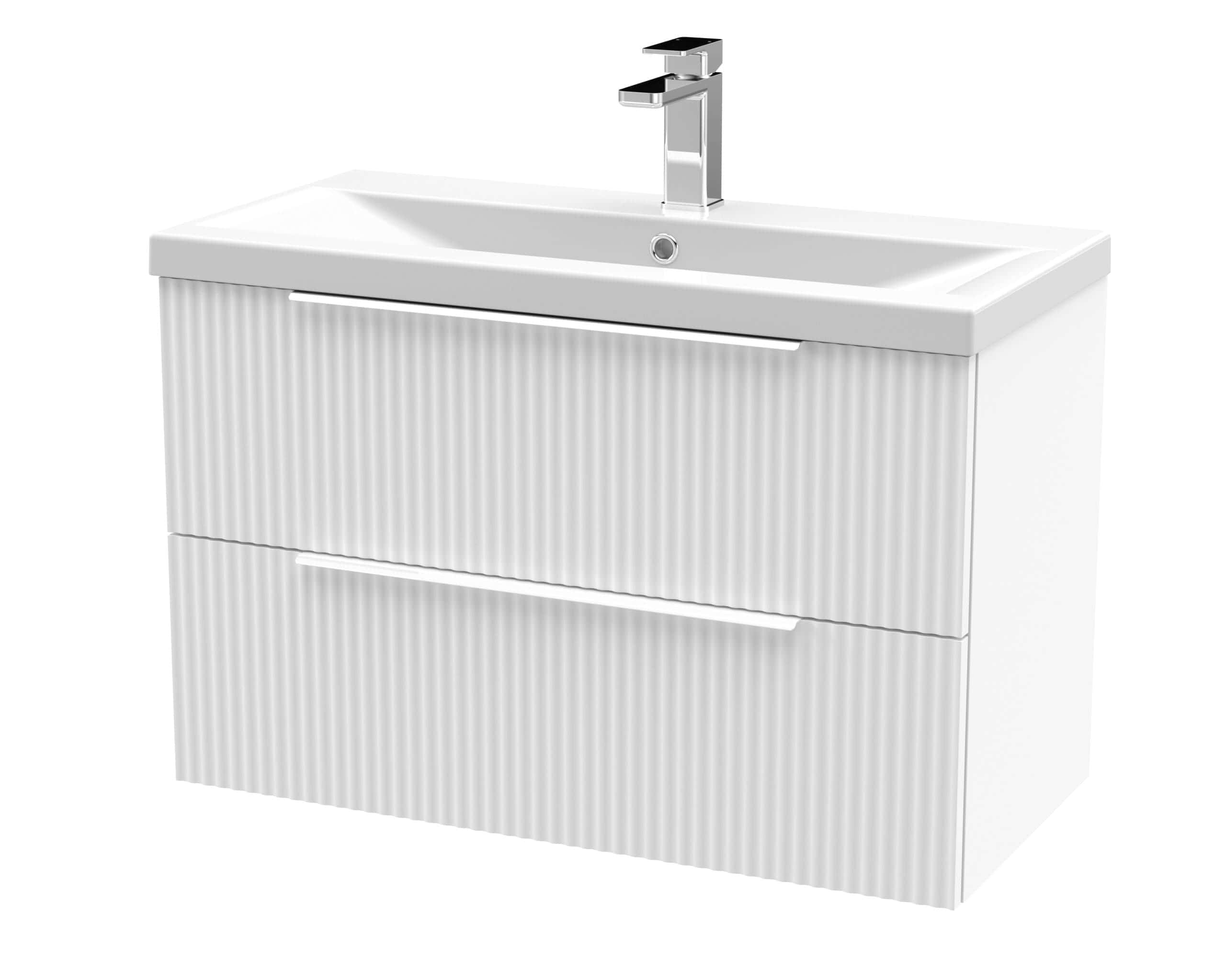 Sleek white bathroom vanity with integrated sink and modern chrome tap, perfect for contemporary home interiors. Durable, stylish storage solution for your bathroom.