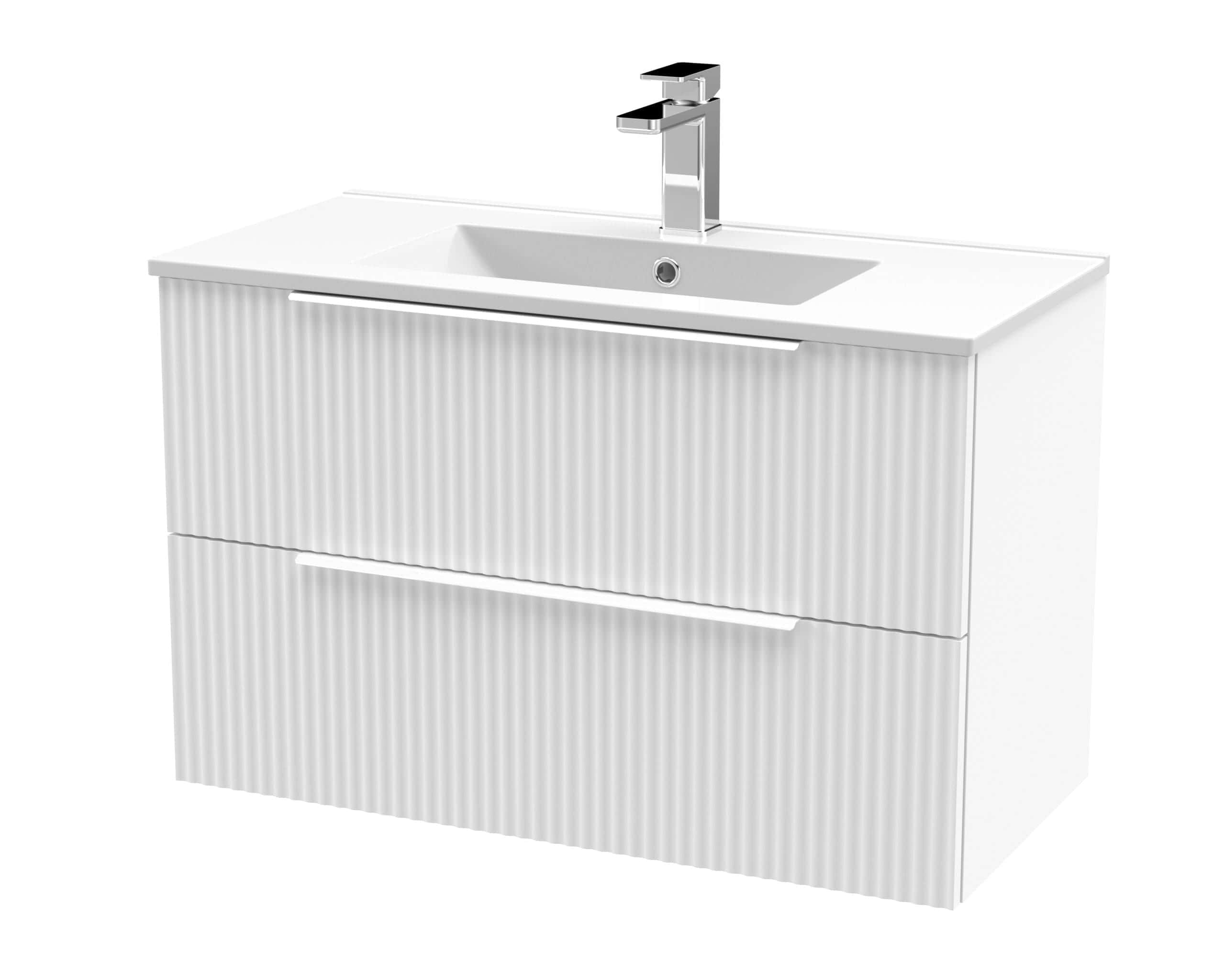 Modern white bathroom vanity with built-in sink and sleek chrome faucet, ideal for contemporary bathroom designs and storage solutions.