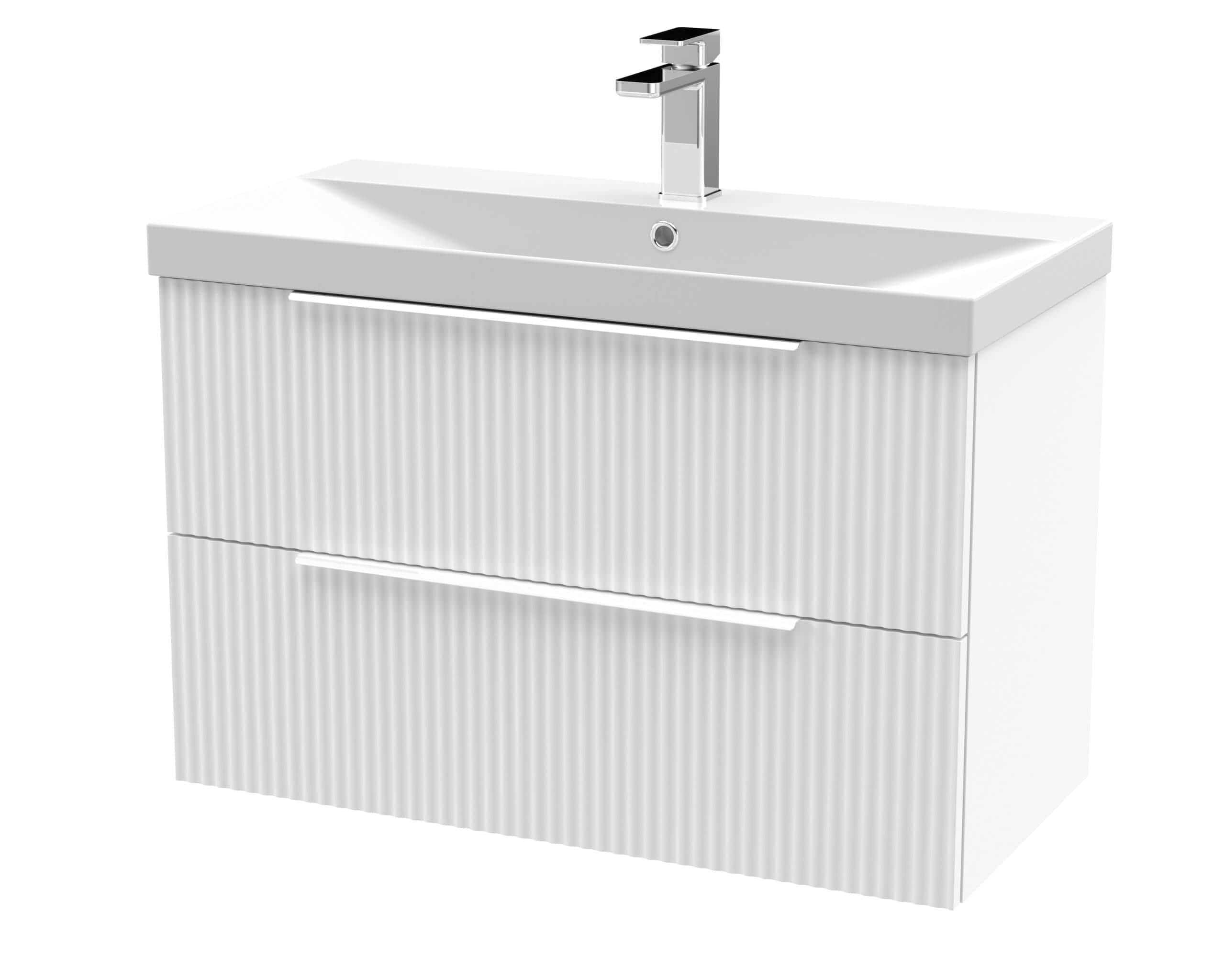 Sleek white bathroom vanity with integrated sink and modern chrome tap, offering stylish storage solution for contemporary bathrooms.