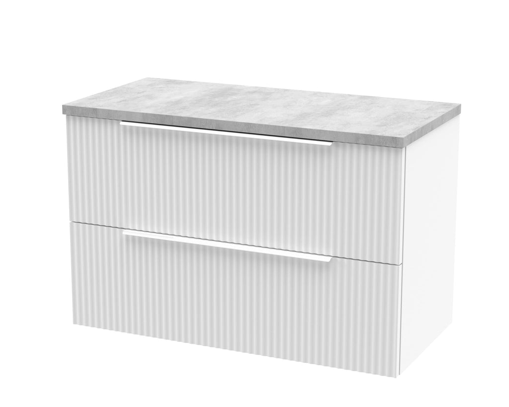 Modern white bathroom vanity with a textured ribbed finish and a sleek marble top, ideal for contemporary bathroom design and storage solutions.