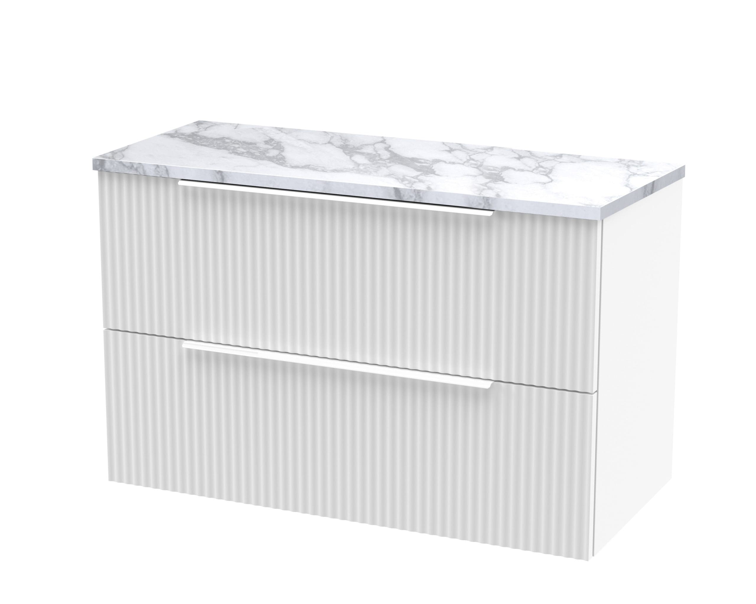 Sleek modern white bathroom vanity with a textured rattan-style finish and a polished marble top, perfect for contemporary bathroom interiors.