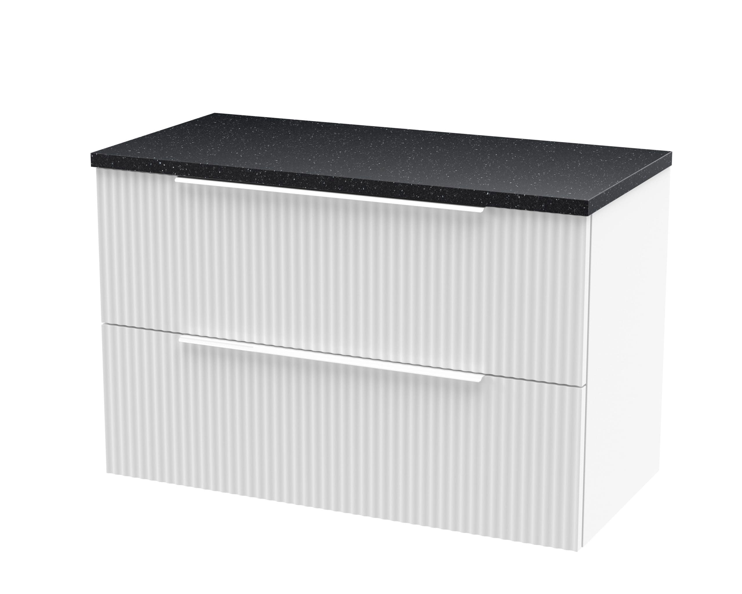 Sleek white bathroom vanity with ribbed textured drawers and black speckled countertop, ideal for modern bathroom upgrades and storage solutions.