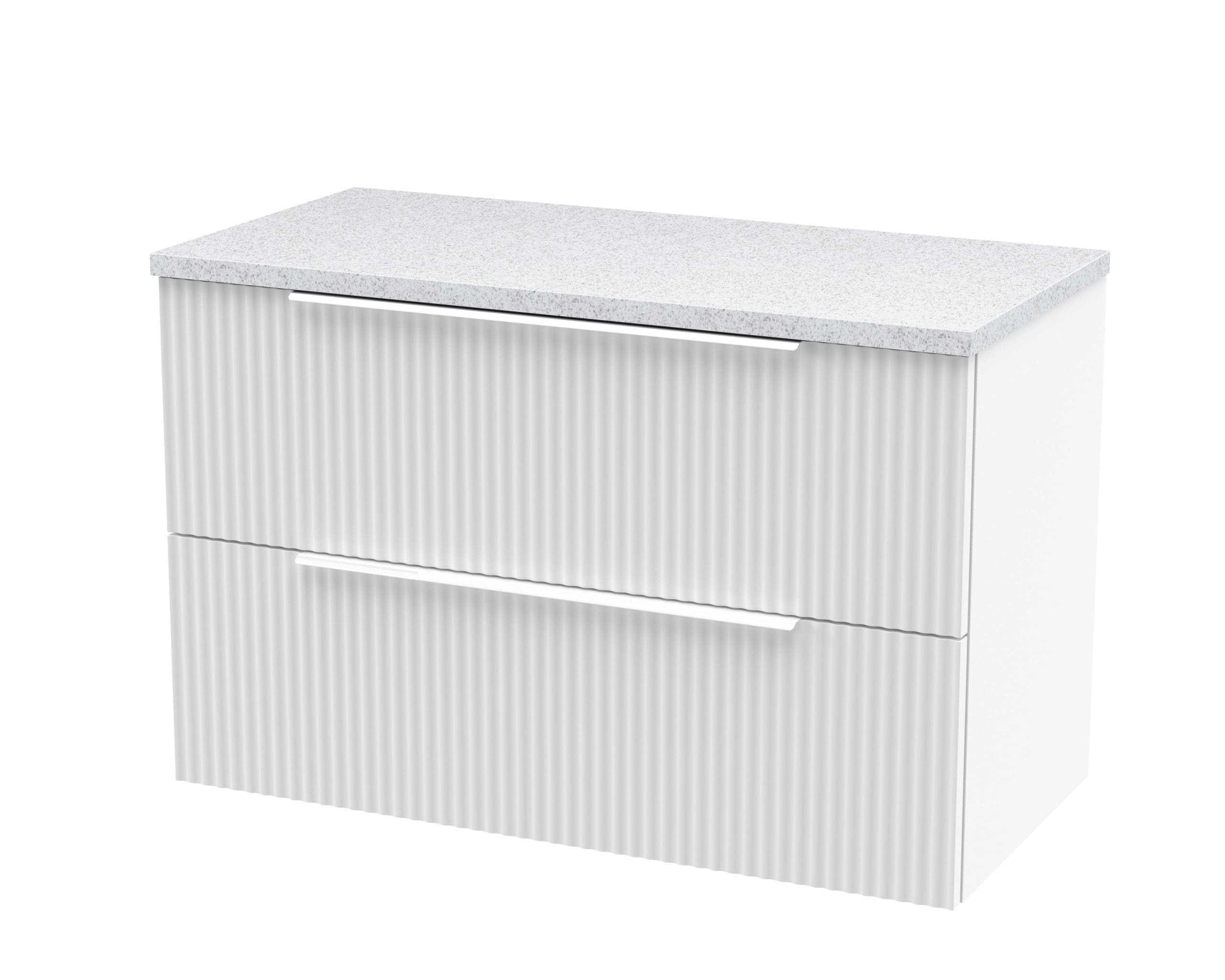 Elegant white bathroom vanity unit with ripple-textured drawer fronts and a sleek, speckled grey top, perfect for modern bathroom storage and decor.
