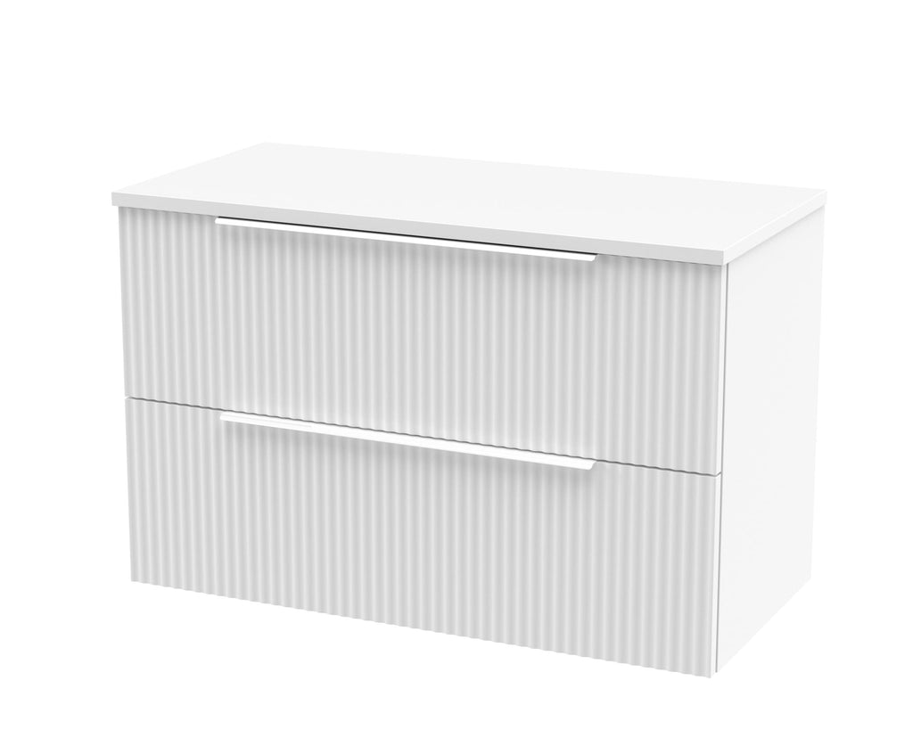 Sleek white modern bathroom cabinet with ribbed drawer fronts, minimalist design, perfect for contemporary bathrooms, offers stylish storage solutions.