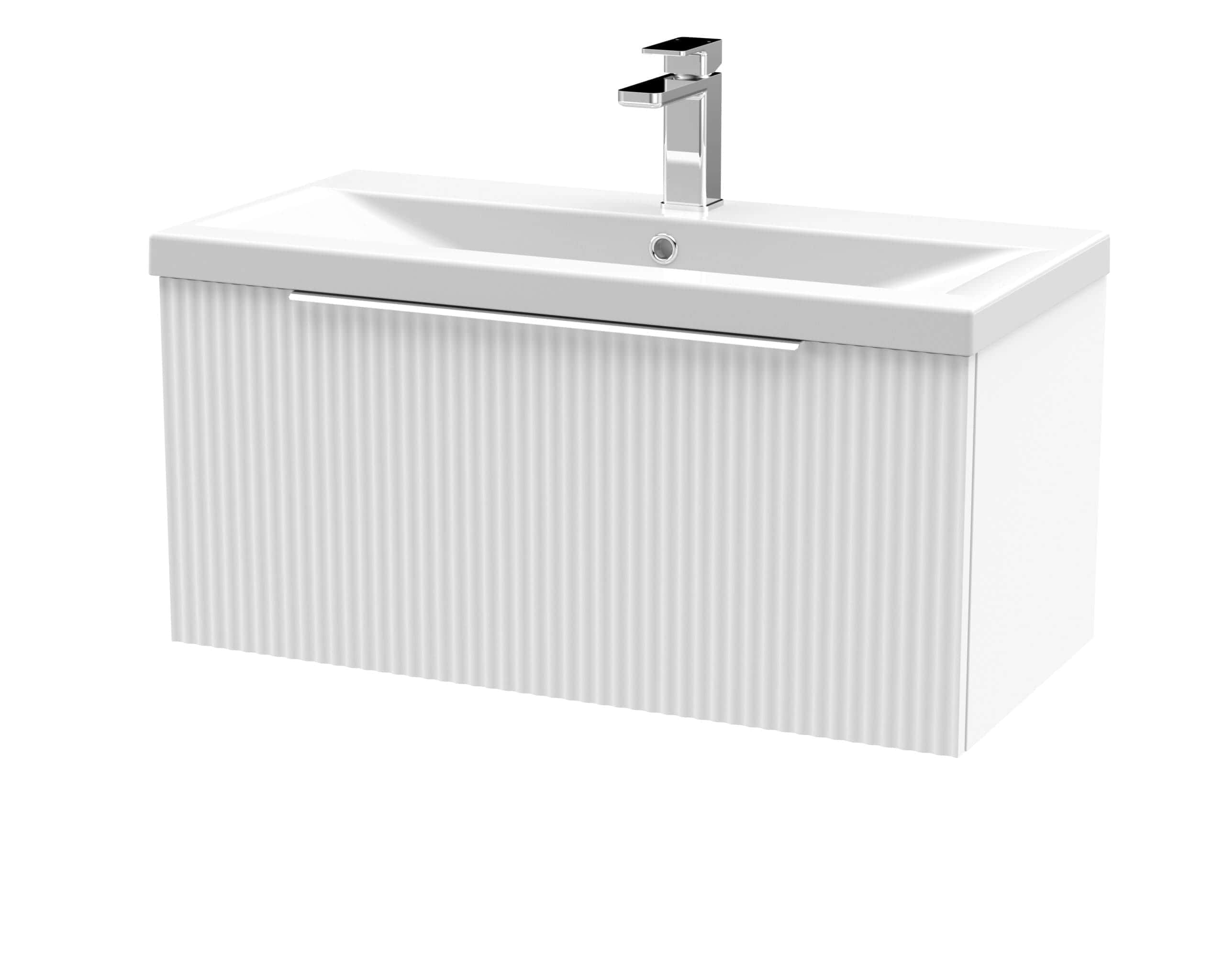 Sleek white bathroom vanity with integrated sink and modern chrome faucet, ideal for contemporary bathrooms, offering stylish storage and functionality.