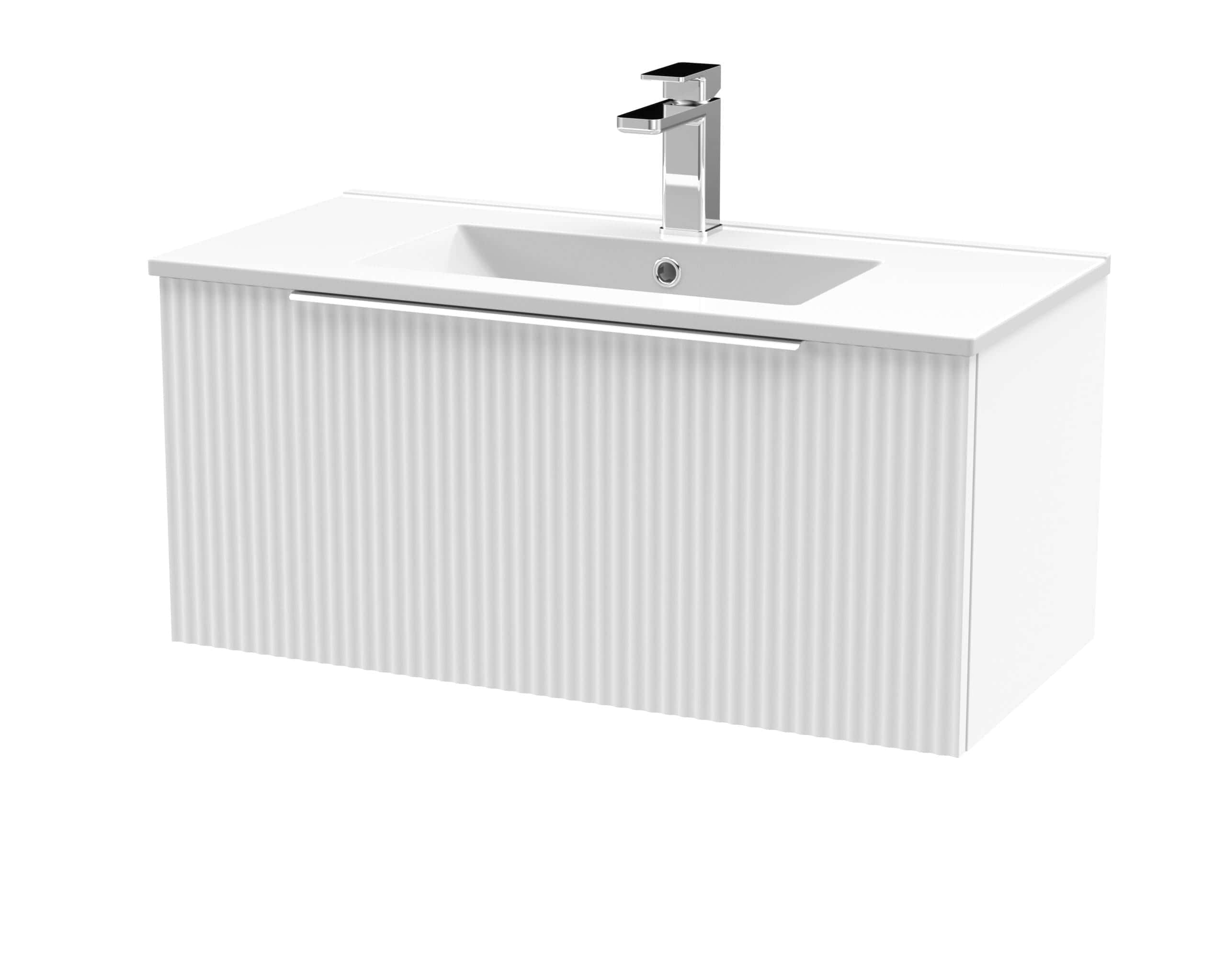 Sleek white bathroom vanity with integrated sink and modern chrome faucet, perfect for contemporary bathrooms and luxury bathroom upgrades.