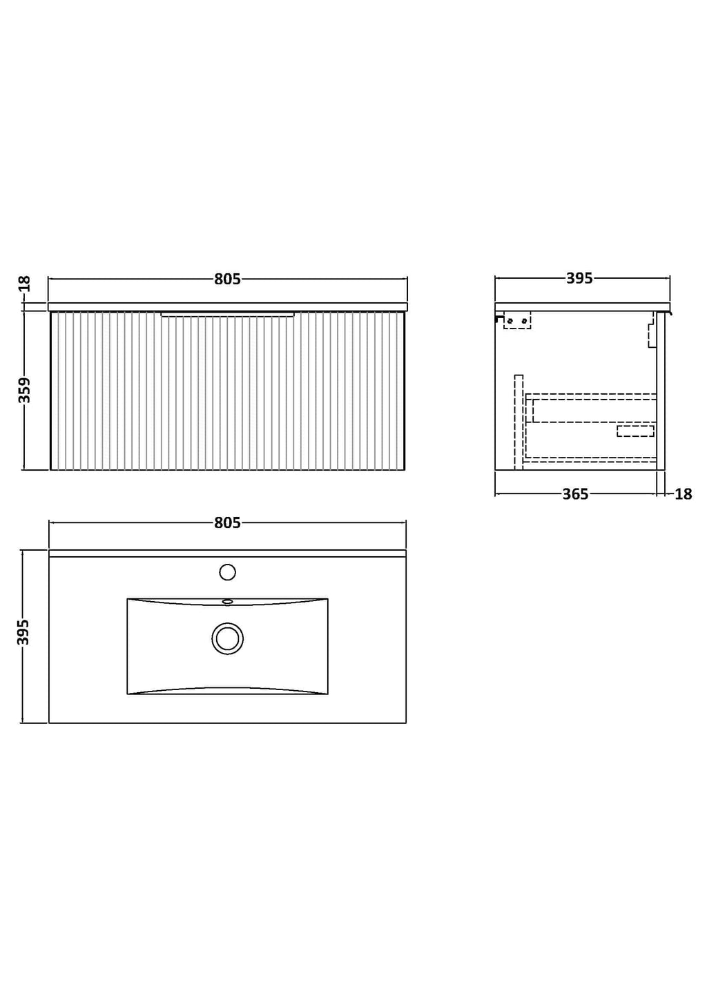 Modern bathroom vanity with integrated sink and sleek design, ideal for stylish Bubly bathrooms. Features precise measurements and contemporary aesthetics.