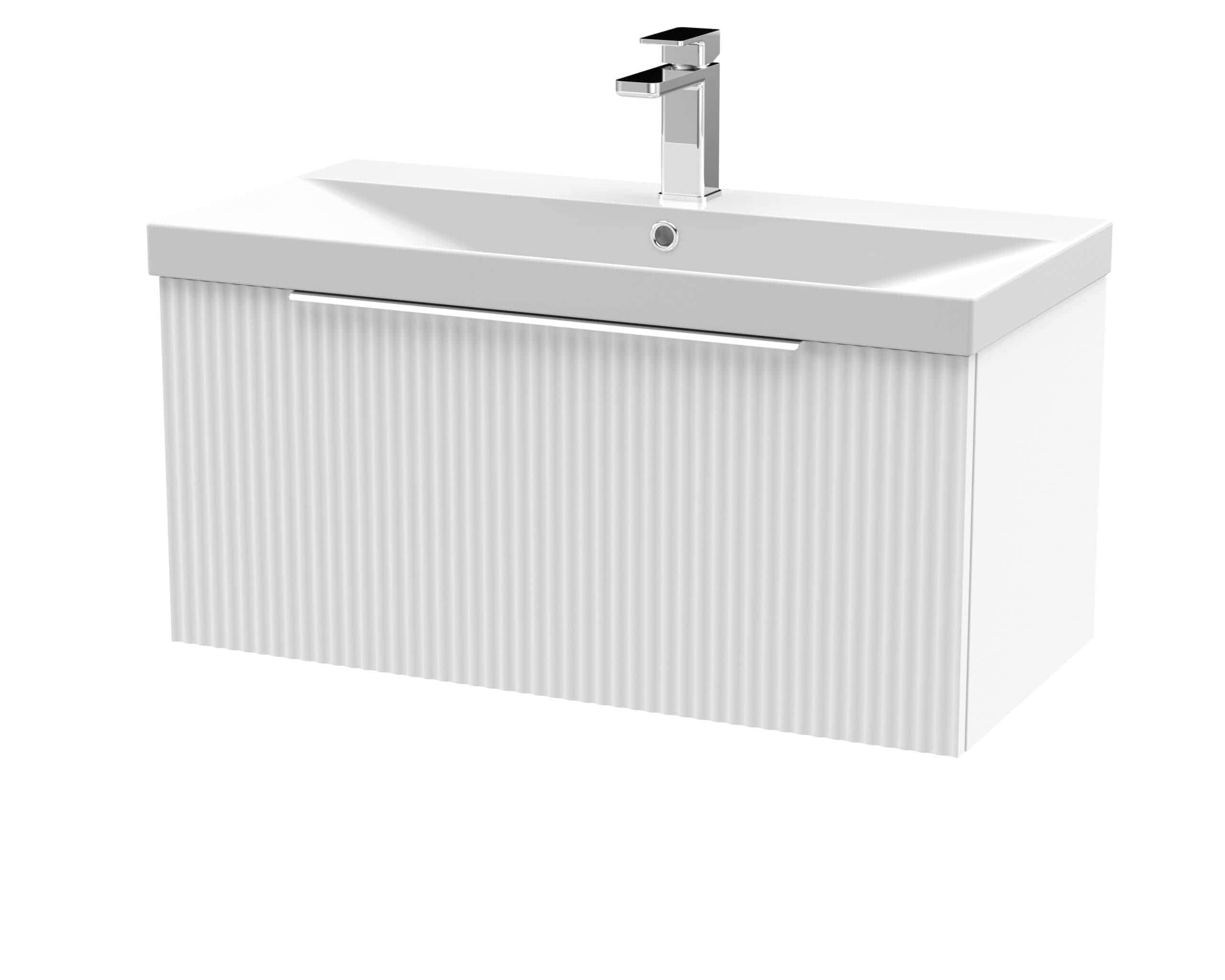 Modern white bathroom vanity with integrated sink and chrome faucet, ideal for contemporary bathroom design and storage solutions. Perfect for home renovation projects.