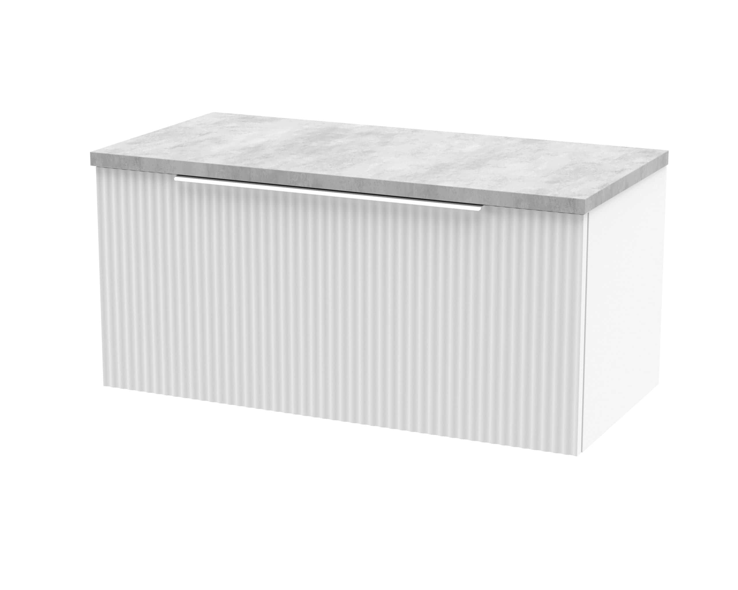 Contemporary bathroom vanity with a textured white finish and a marble countertop, perfect for modern bathroom designs and storage solutions.