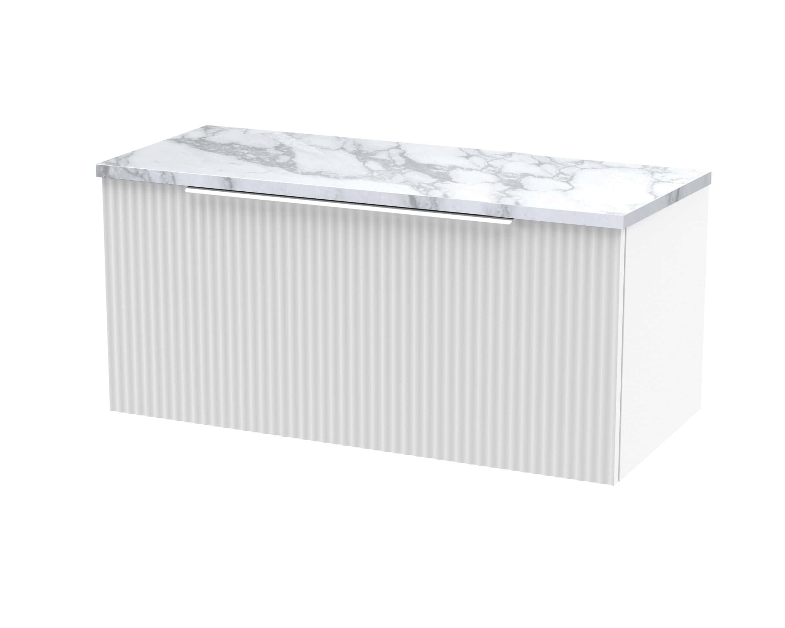 Marble-topped modern bathroom vanity with ribbed white cabinetry for stylish bathroom storage and decoration.