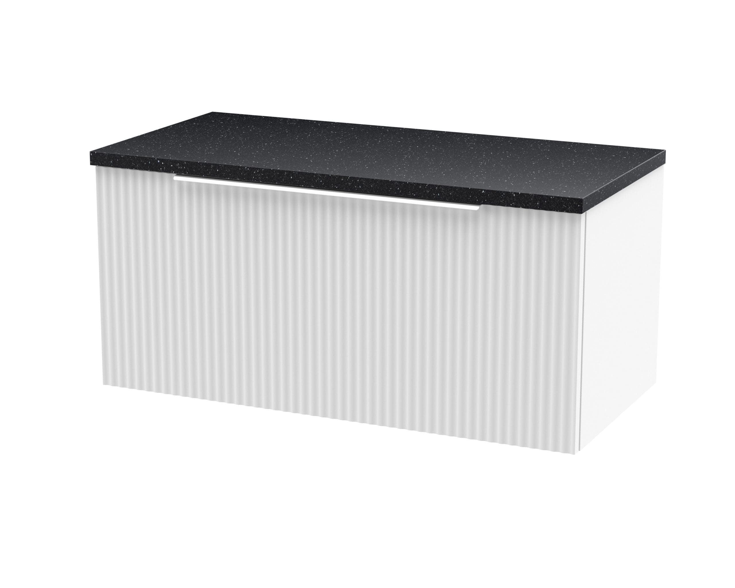 Polished white bathroom vanity with black speckled countertop, modern storage cabinet, sleek design, ideal for contemporary bathrooms, high-quality materials, stylish and functional.
