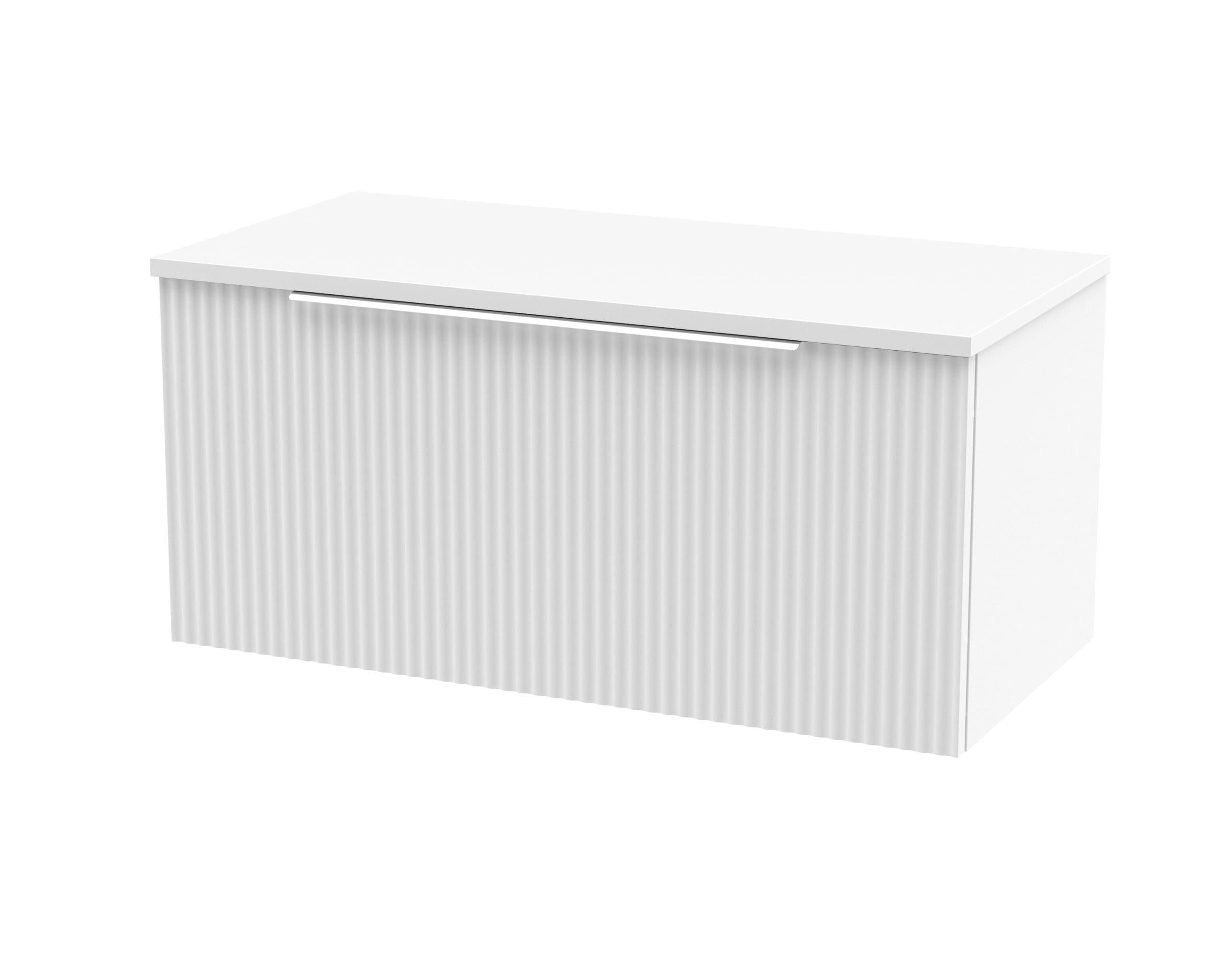 Contemporary white bathroom vanity cabinet with ribbed drawer front and sleek handle, ideal for modern bathroom storage solutions.