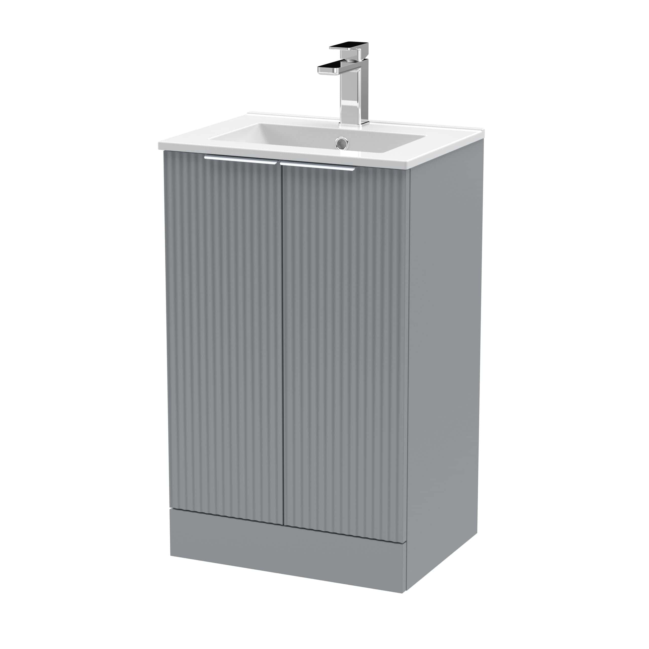 Bright grey bathroom vanity cabinet with integrated sink and modern chrome faucet, perfect for contemporary bathroom decor. Durable, stylish, and functional storage solution for your bathroom.