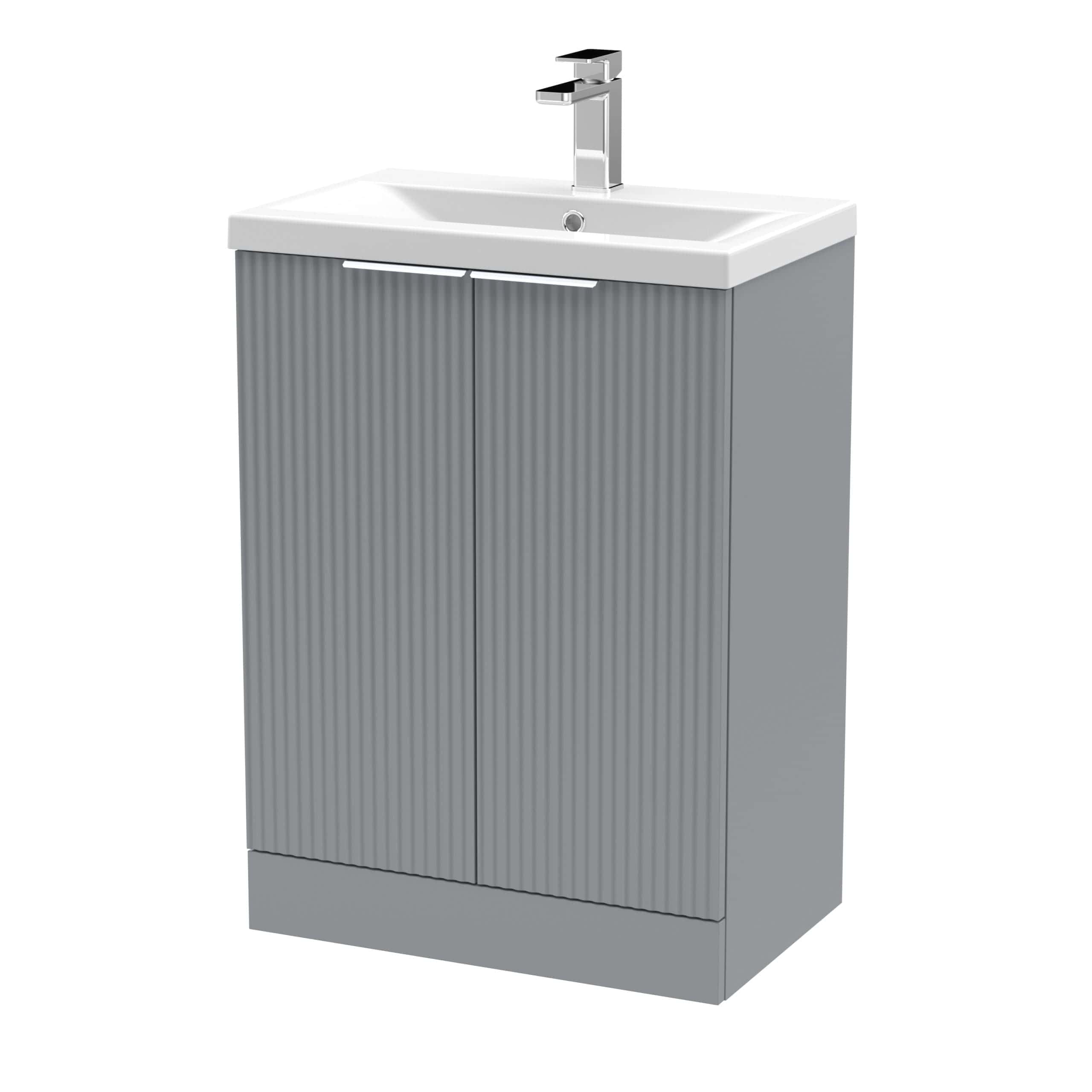 Contemporary grey bathroom vanity unit with integrated sink and sleek chrome faucet, perfect for modern bathroom design.