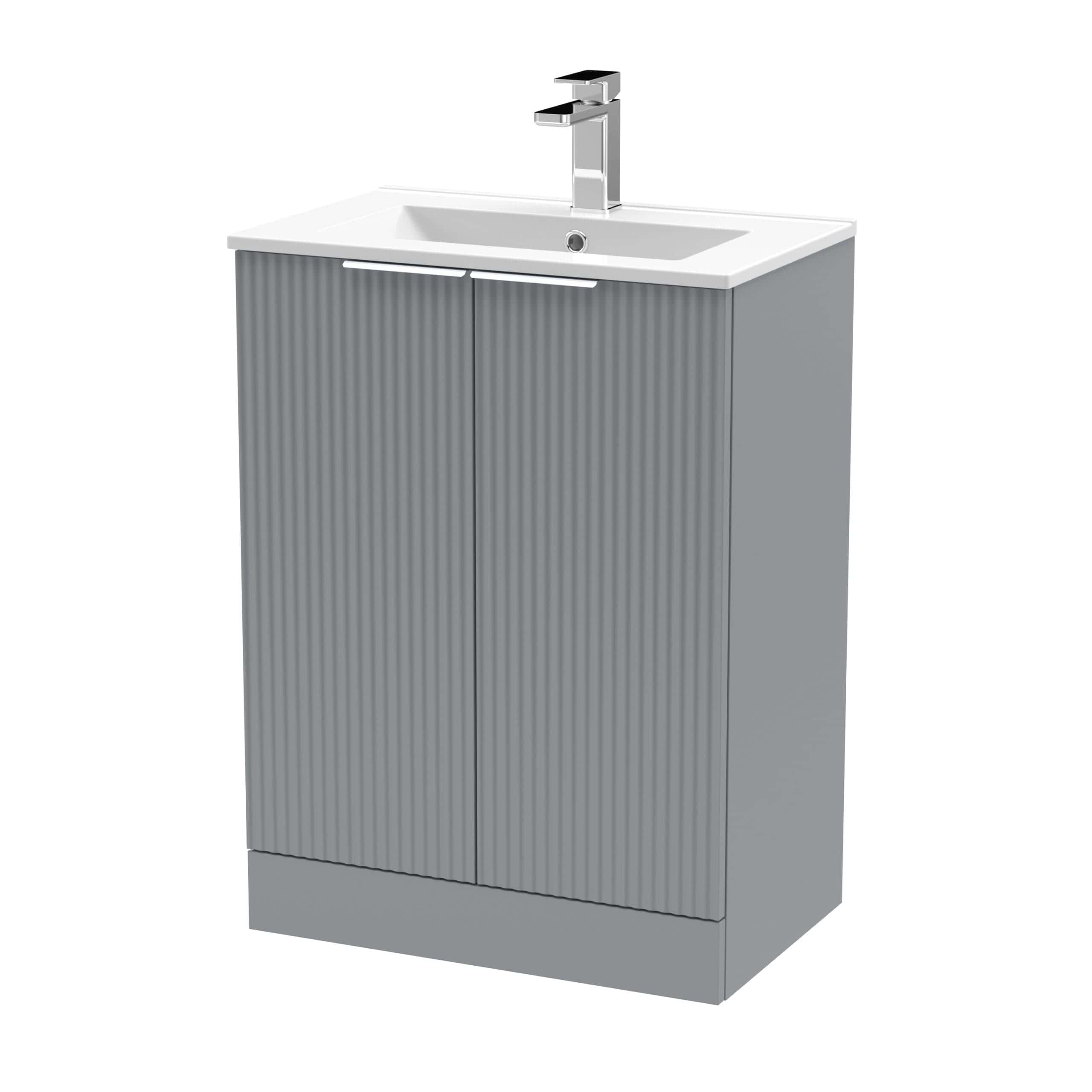 Sleek grey bathroom vanity with a modern striped design and integrated sink, perfect for contemporary bathroom interiors. Features a chrome faucet and aluminium doors for easy access and stylish storage solutions.