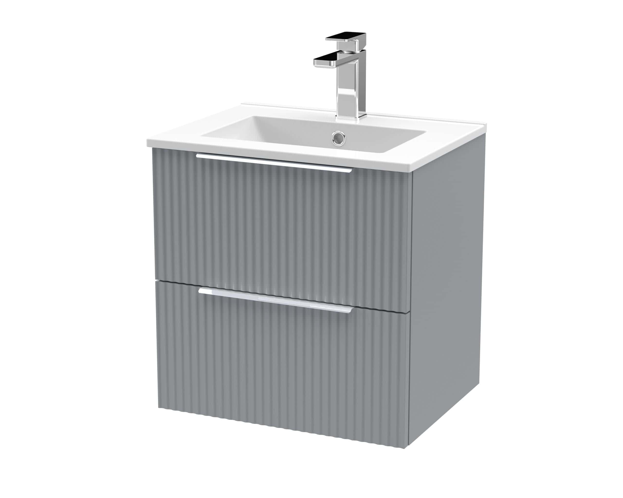 Contemporary grey bathroom vanity with integrated sink and sleek chrome tap, ideal for modern bathroom decor and optimal space utilisation.
