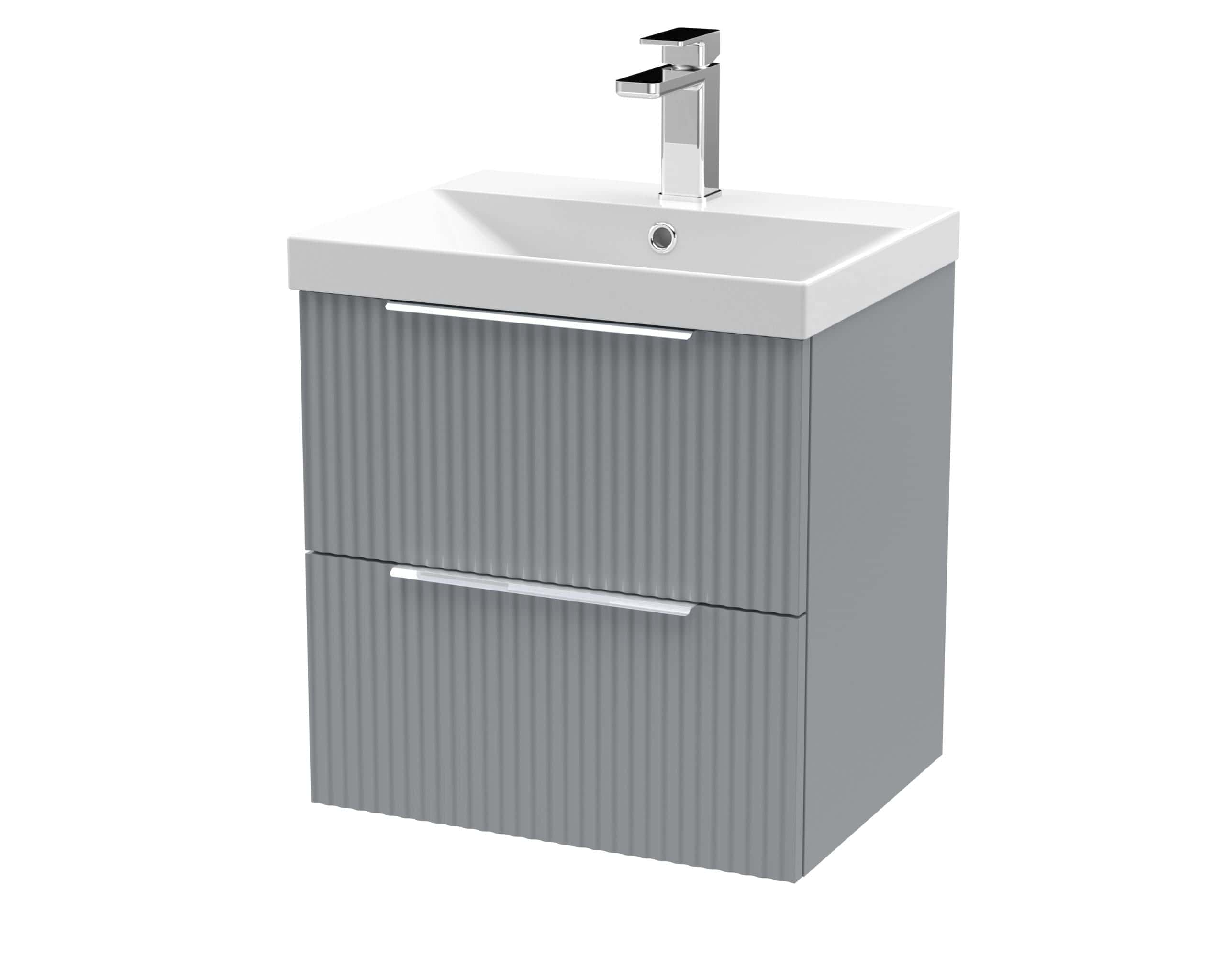 Sleek modern bathroom vanity with integrated sink, chrome tap, and stylish grey textured cabinet for contemporary bathroom storage and design.