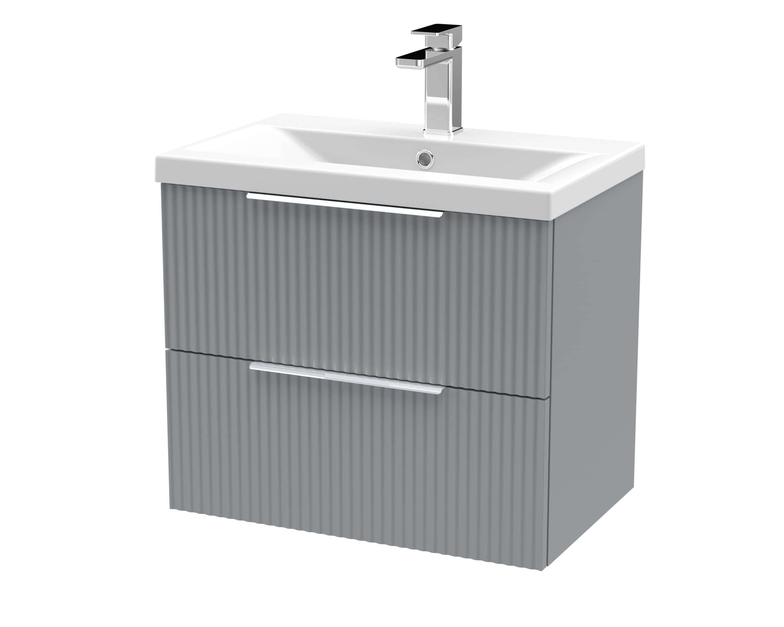 Modern grey bathroom vanity unit with integrated sink and chrome faucet, ideal for contemporary bathroom interiors and storage solutions.