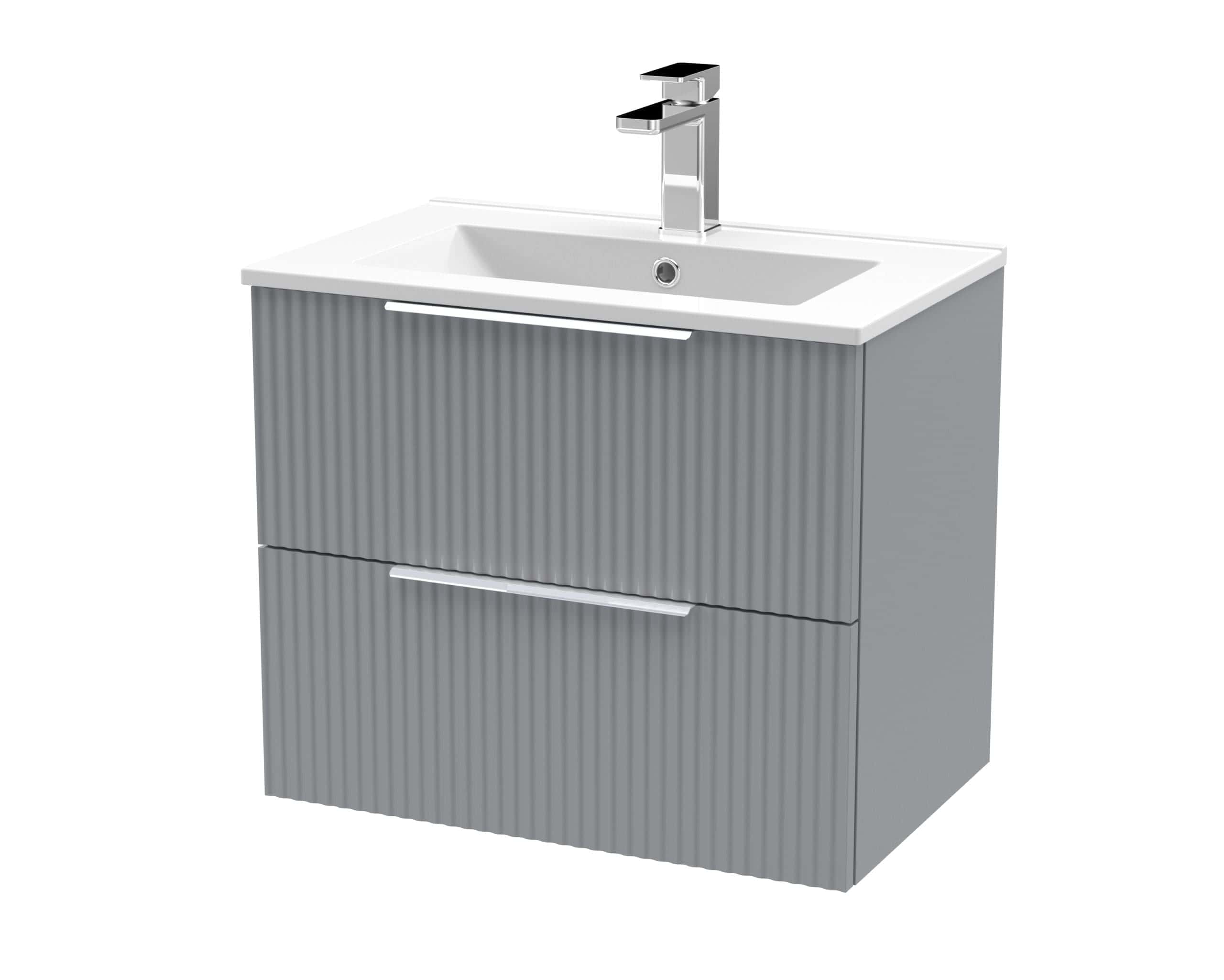 Modern grey bathroom vanity with a sleek, ribbed design and integrated sink, perfect for contemporary bathroom upgrades and styling.