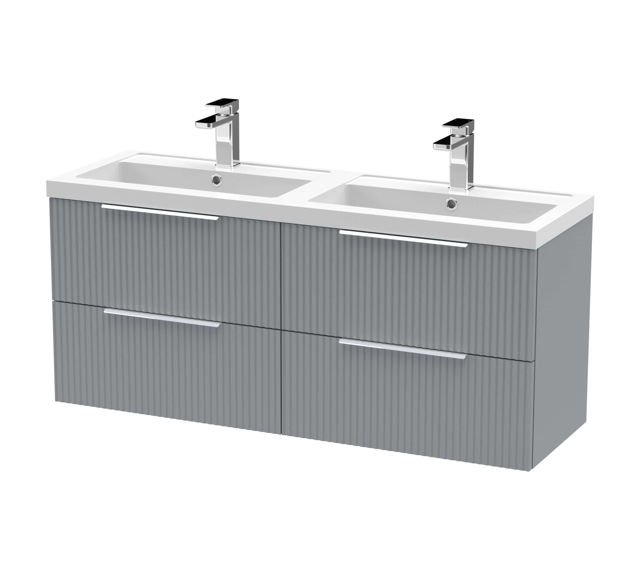Modern grey double bathroom vanity with two white sinks and chrome faucets, ideal for contemporary bathroom renovation, offering ample storage space.
