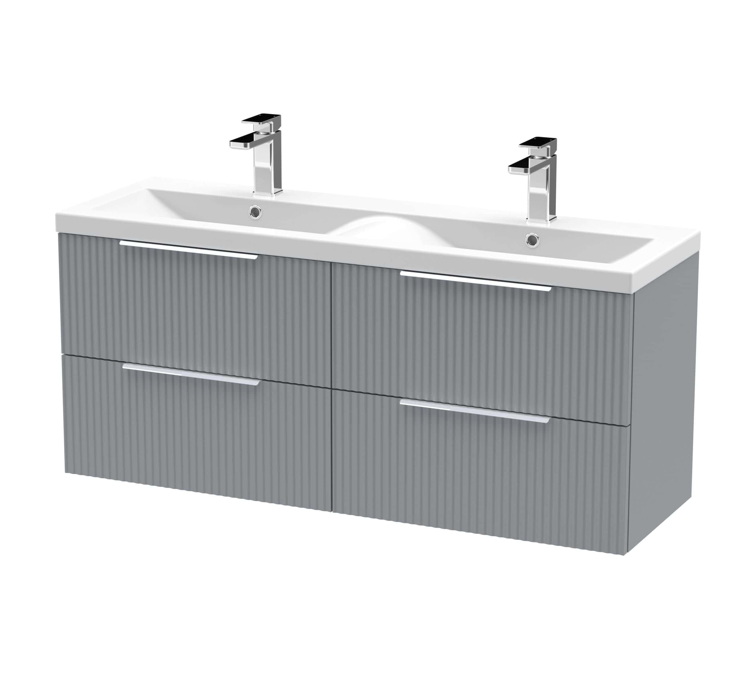Modern double vanity unit with sleek grey textured cabinet and dual white ceramic sinks, featuring chrome taps, ideal for contemporary bathroom designs.
