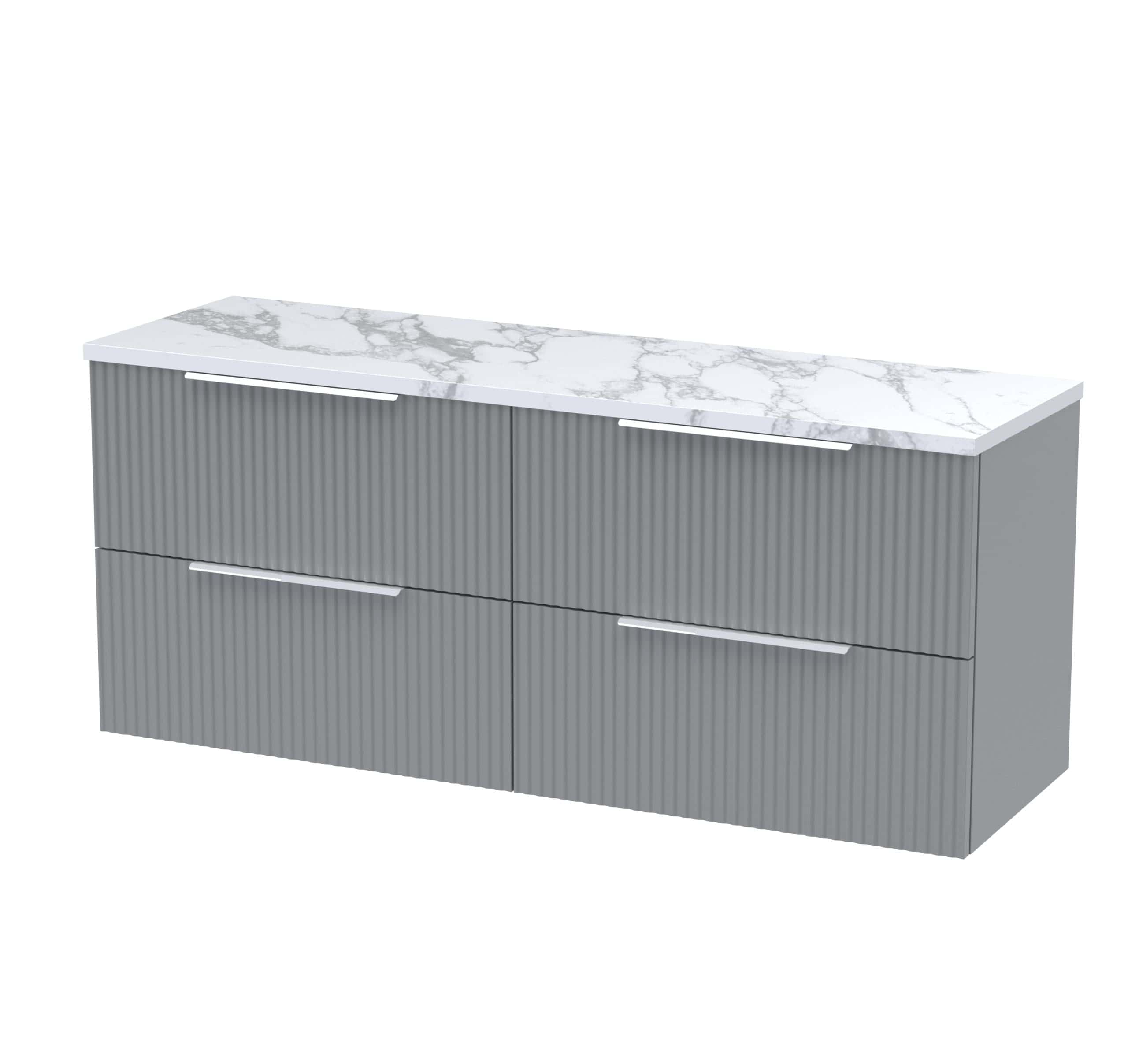 Modern grey bathroom cabinet with ribbed drawers and marble top, ideal for stylish bathroom storage and organisers.