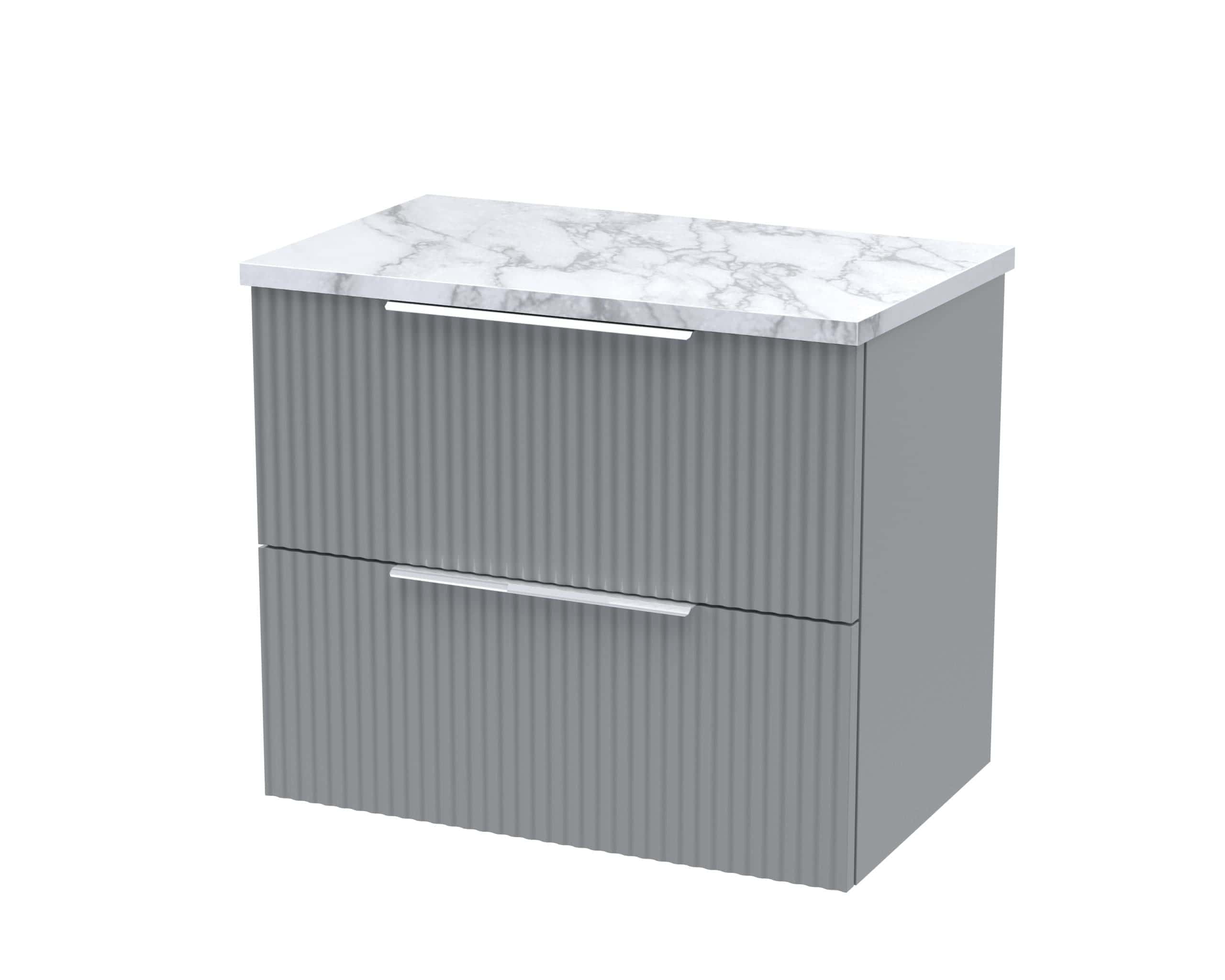 Sleek grey bathroom vanity unit with ribbed finish and marble top, ideal for contemporary bathroom design. Perfect for storing toiletries and enhancing bathroom aesthetics.