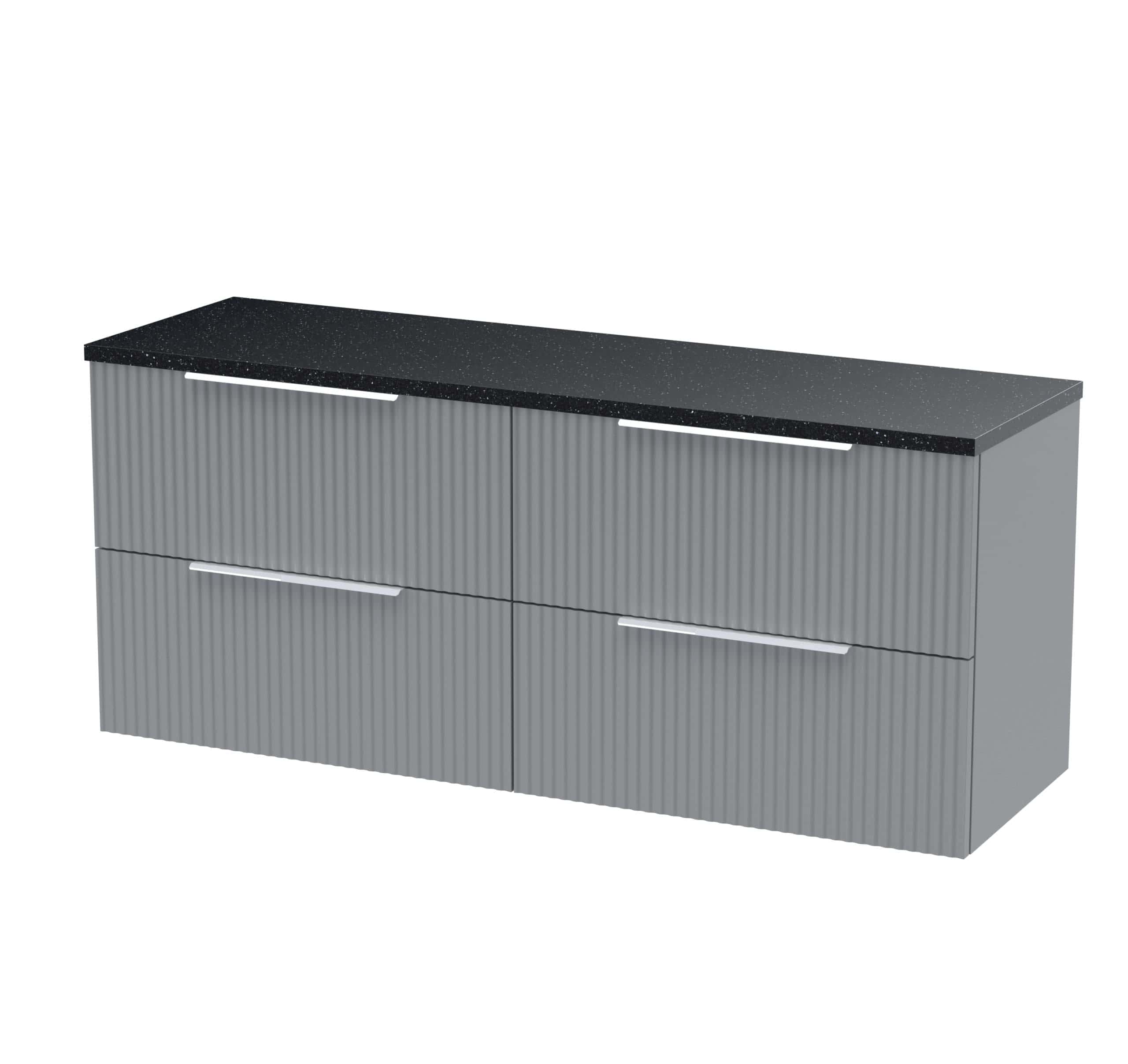 Contemporary grey bathroom storage cabinet with vertically ribbed doors and sleek white handles, topped with a black speckled countertop, ideal for modern bathroom decor.