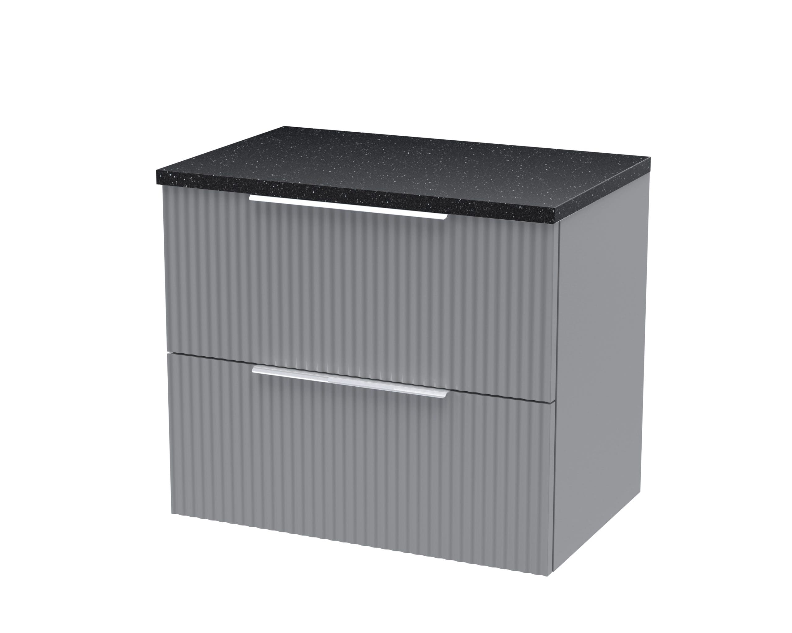 Sleek grey bathroom vanity unit with ribbed doors and a black speckled countertop, perfect for modern bathroom storage solutions.