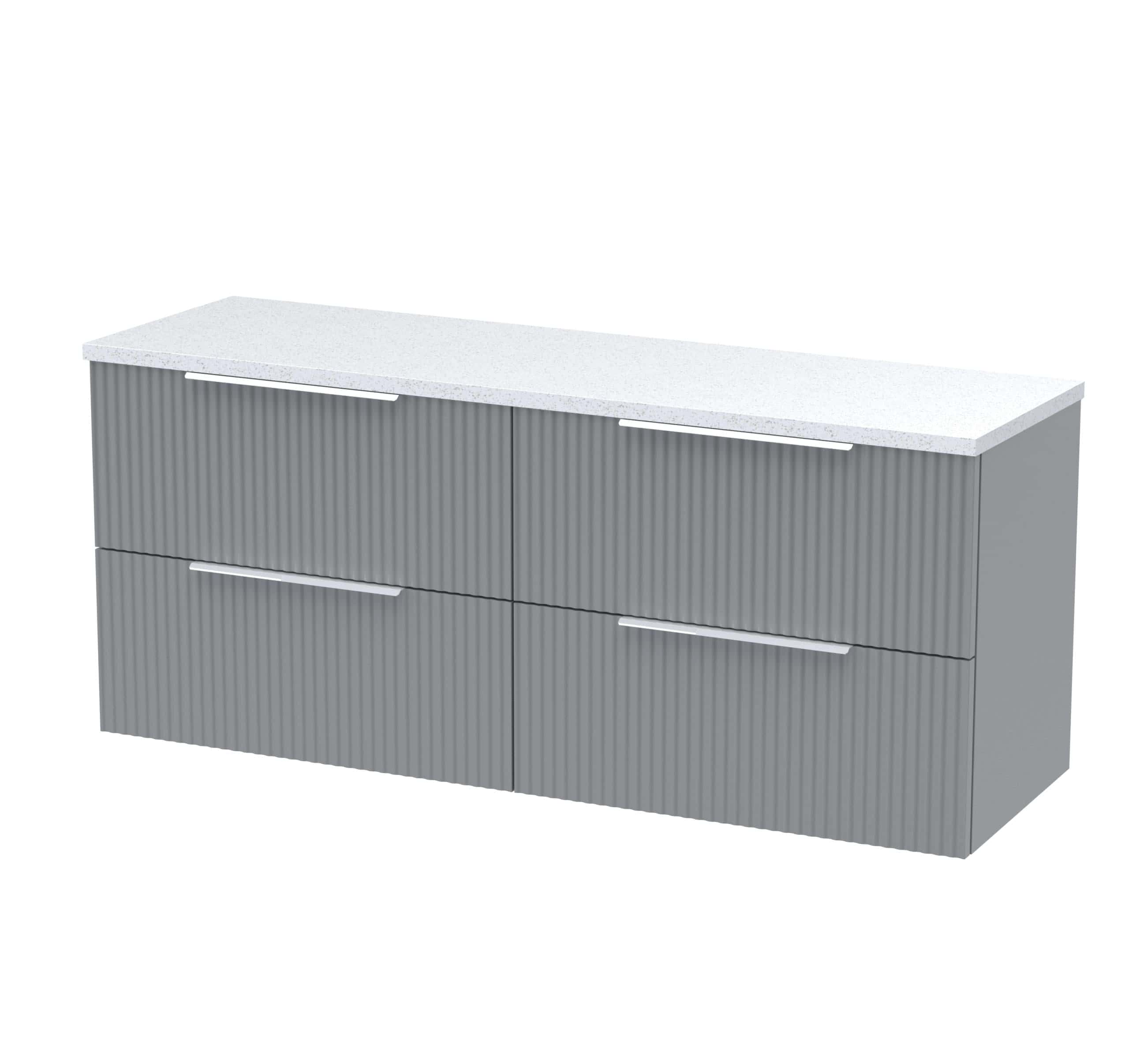 Sleek grey bathroom vanity unit with a textured ribbed finish and white countertop, ideal for modern bathroom storage solutions.