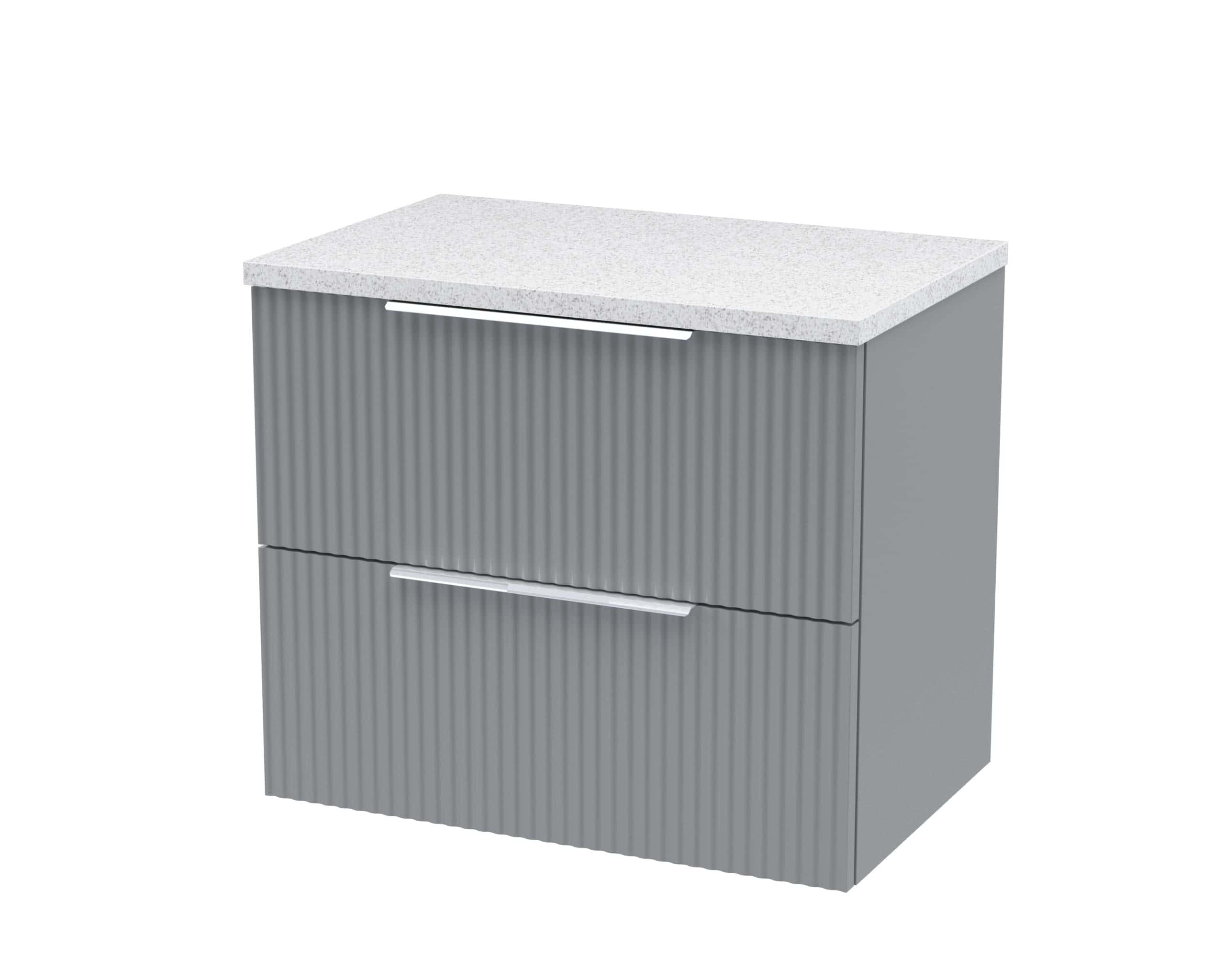 Modern grey bathroom vanity with ribbed drawer fronts and a speckled white countertop, perfect for contemporary bathroom design.