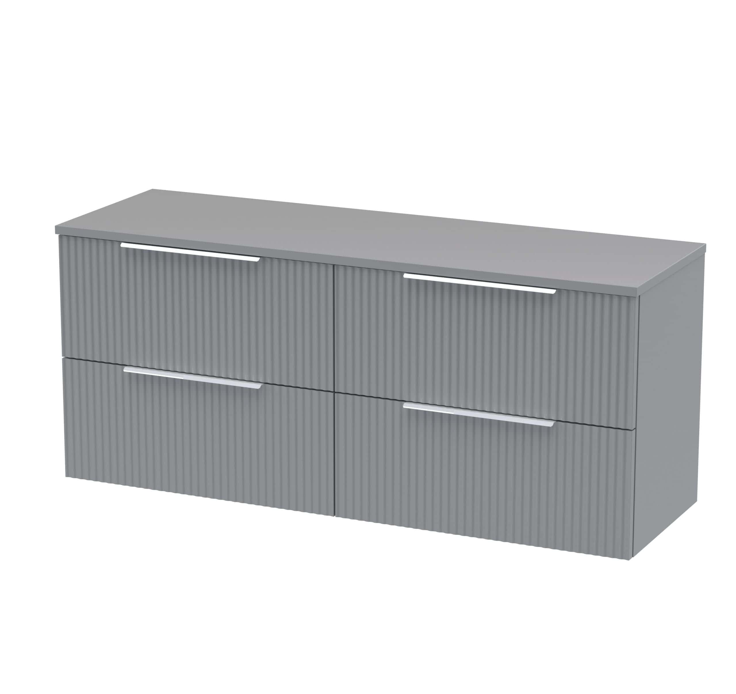 Sleek grey bathroom cabinet with a ribbed design and modern handles, ideal for storage and style in contemporary bathrooms.
