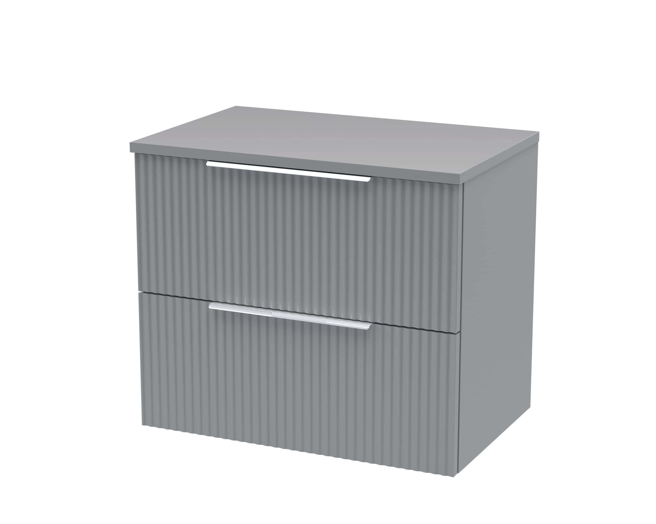 Sleek grey bathroom vanity with ribbed drawer fronts and modern silver handles, perfect for contemporary bathroom storage solutions.