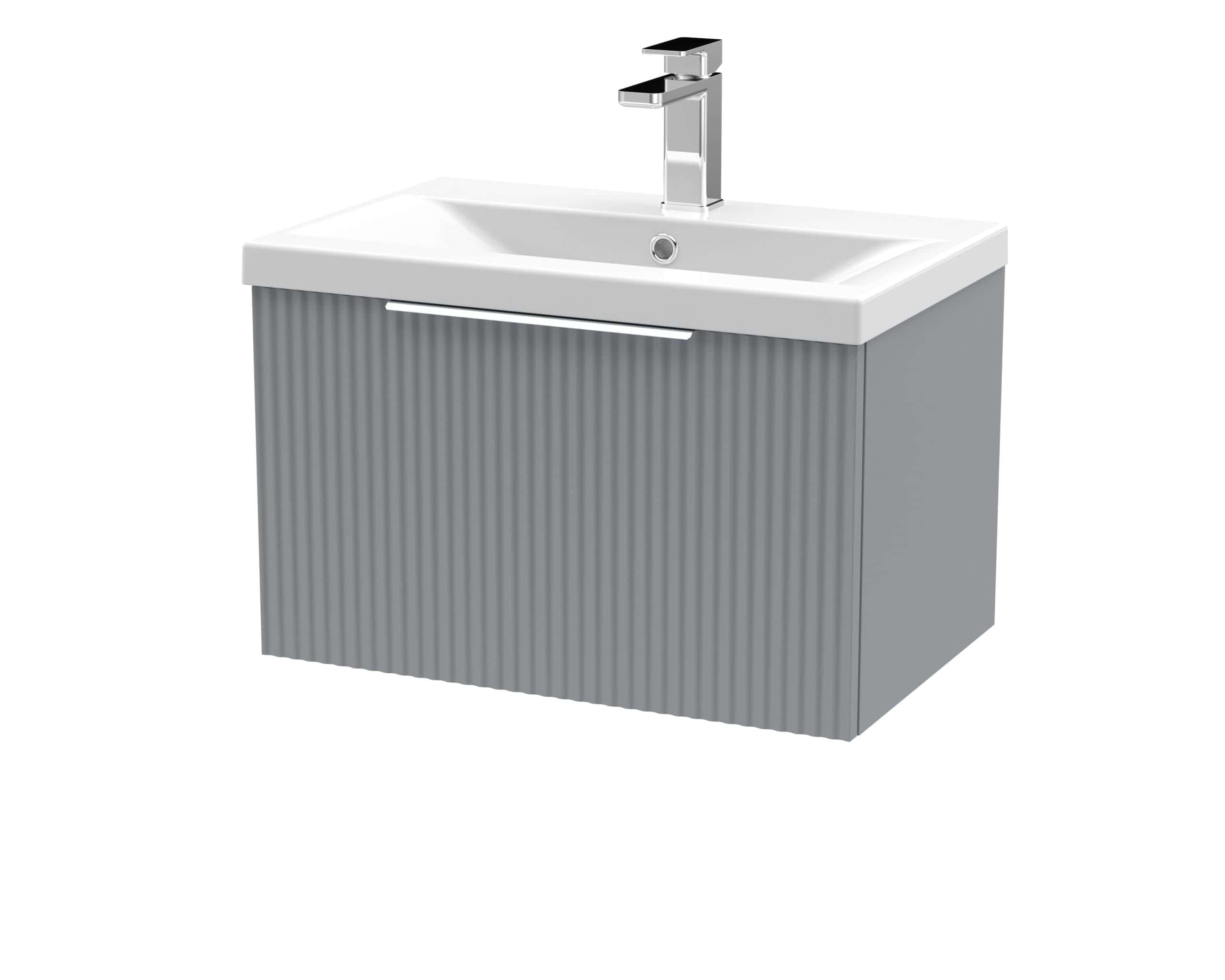 Modern grey bathroom vanity unit with integrated basin and chrome tap, perfect for stylish and functional bathroom upgrades. Suitable for contemporary bathroom designs.