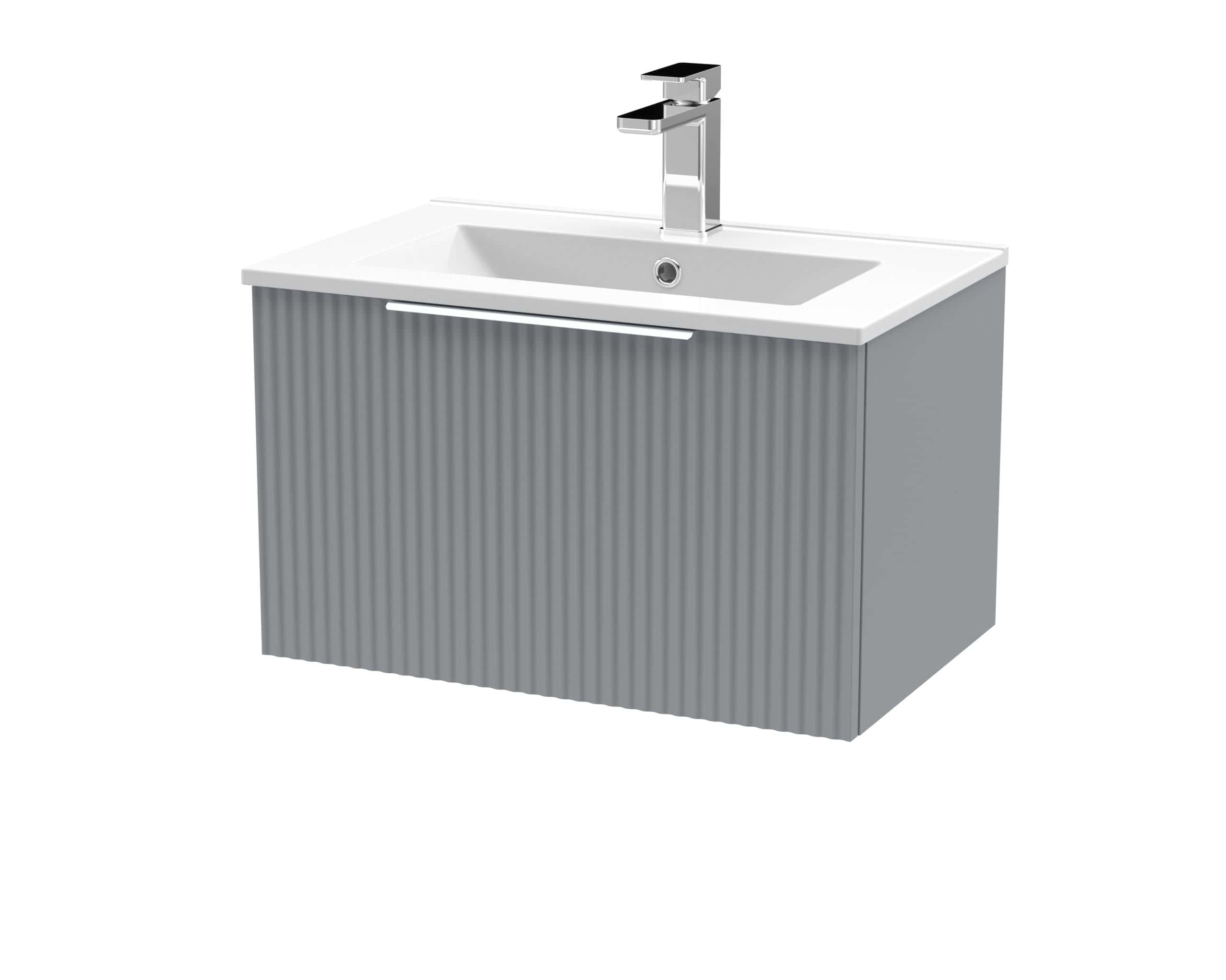 Modern grey bathroom vanity with integrated sink and chrome faucet, ideal for contemporary bathroom design and bathroom storage solutions.