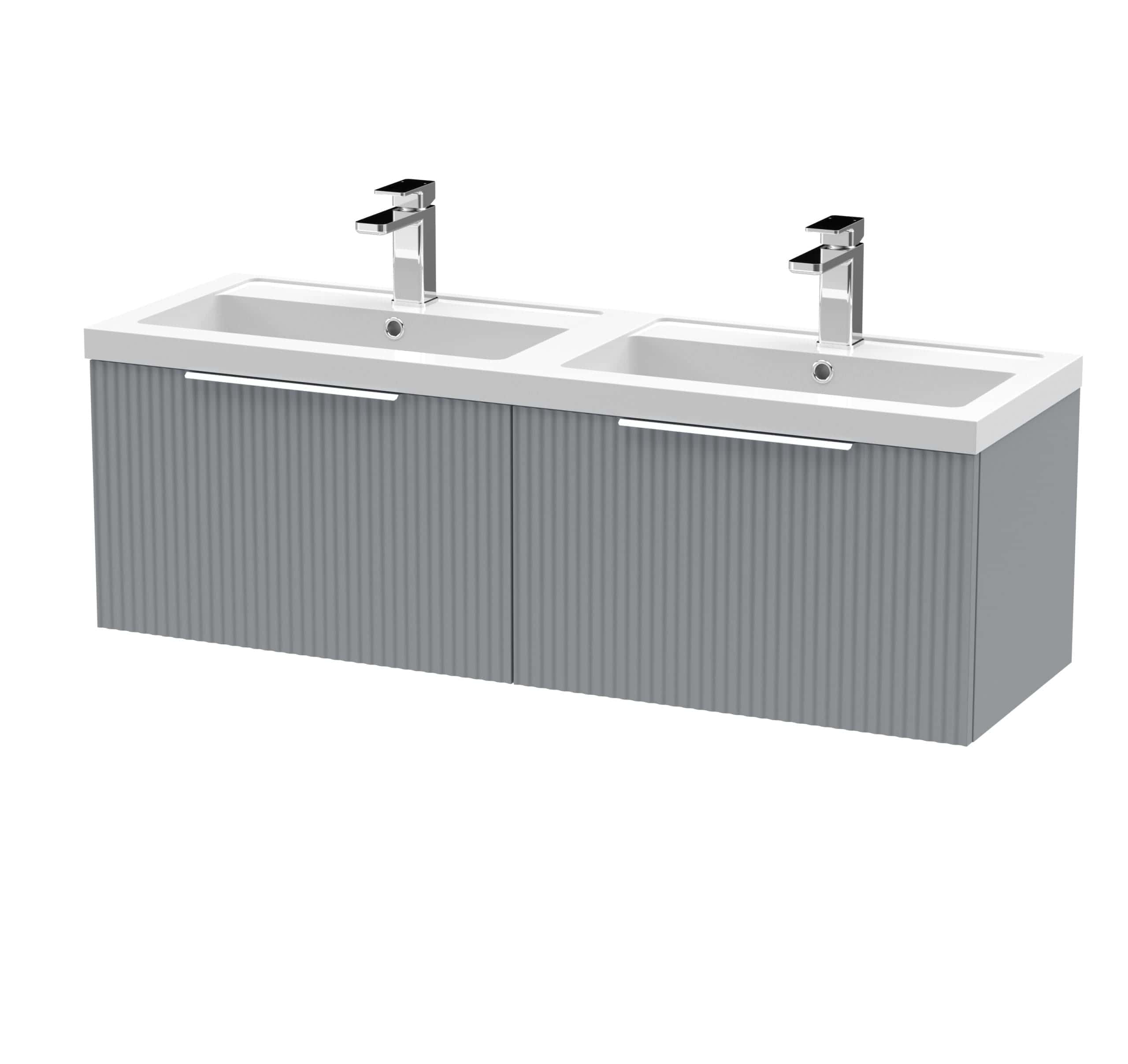 Contemporary double bathroom vanity unit with two white sinks and chrome taps, ideal for modern bathroom design.