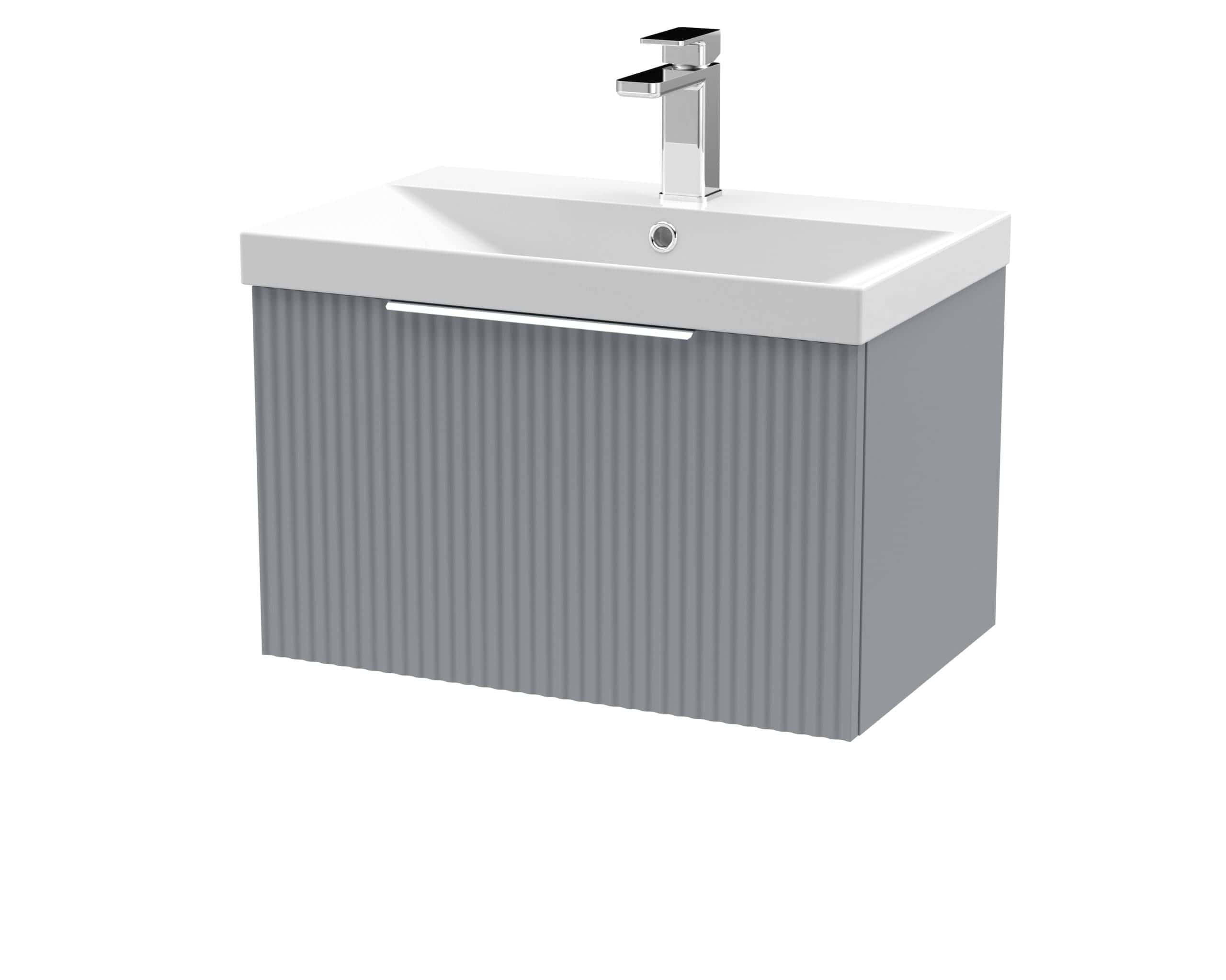 Sleek modern bathroom vanity with integrated sink and stylish grey ribbed cabinet, ideal for contemporary bathroom design. Perfect for spacious bathrooms needing functional, aesthetic storage.