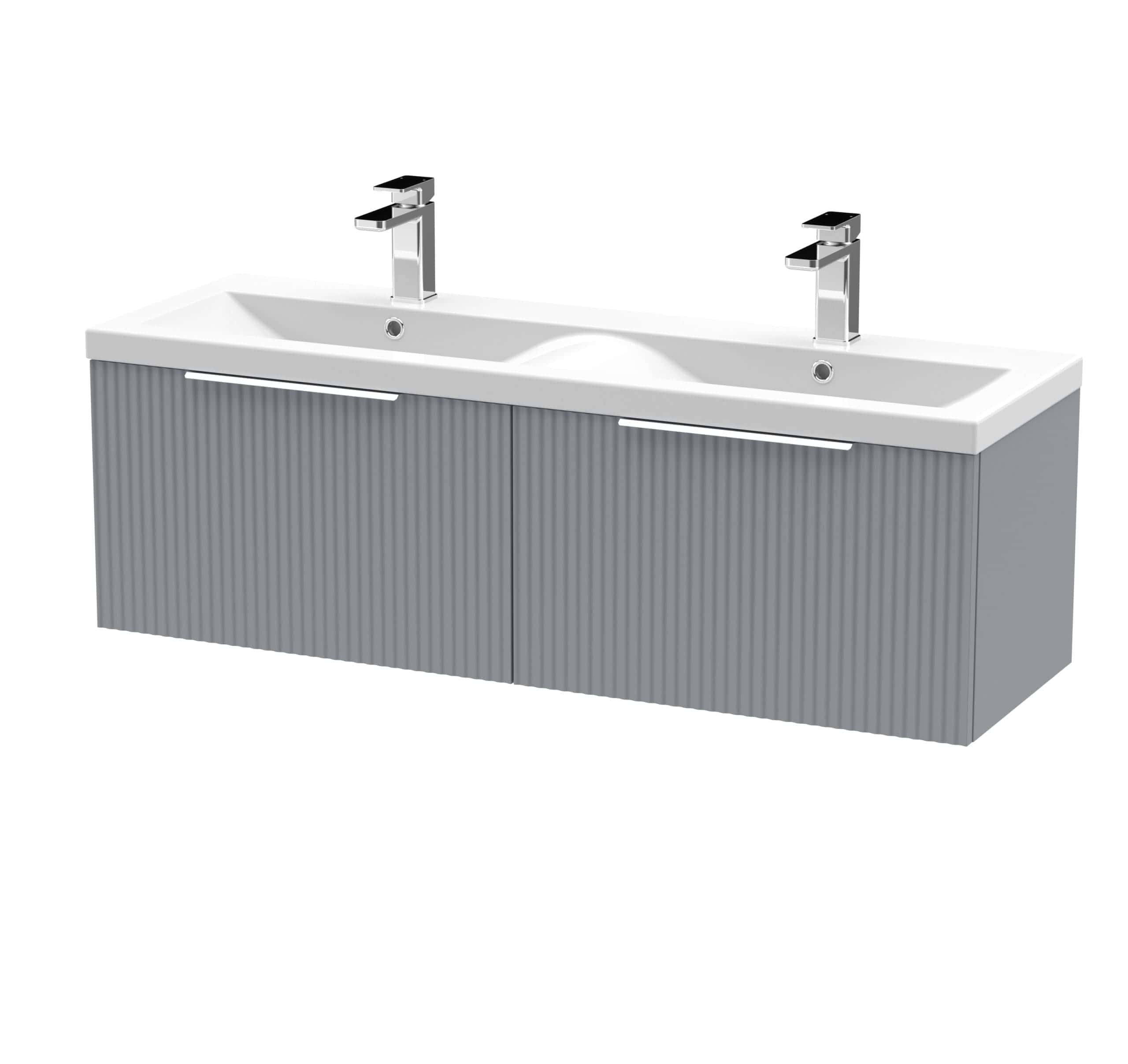 Double sink bathroom vanity with modern chrome faucets and grey ribbed cabinet doors. Perfect for contemporary bathroom decor and efficient water use.