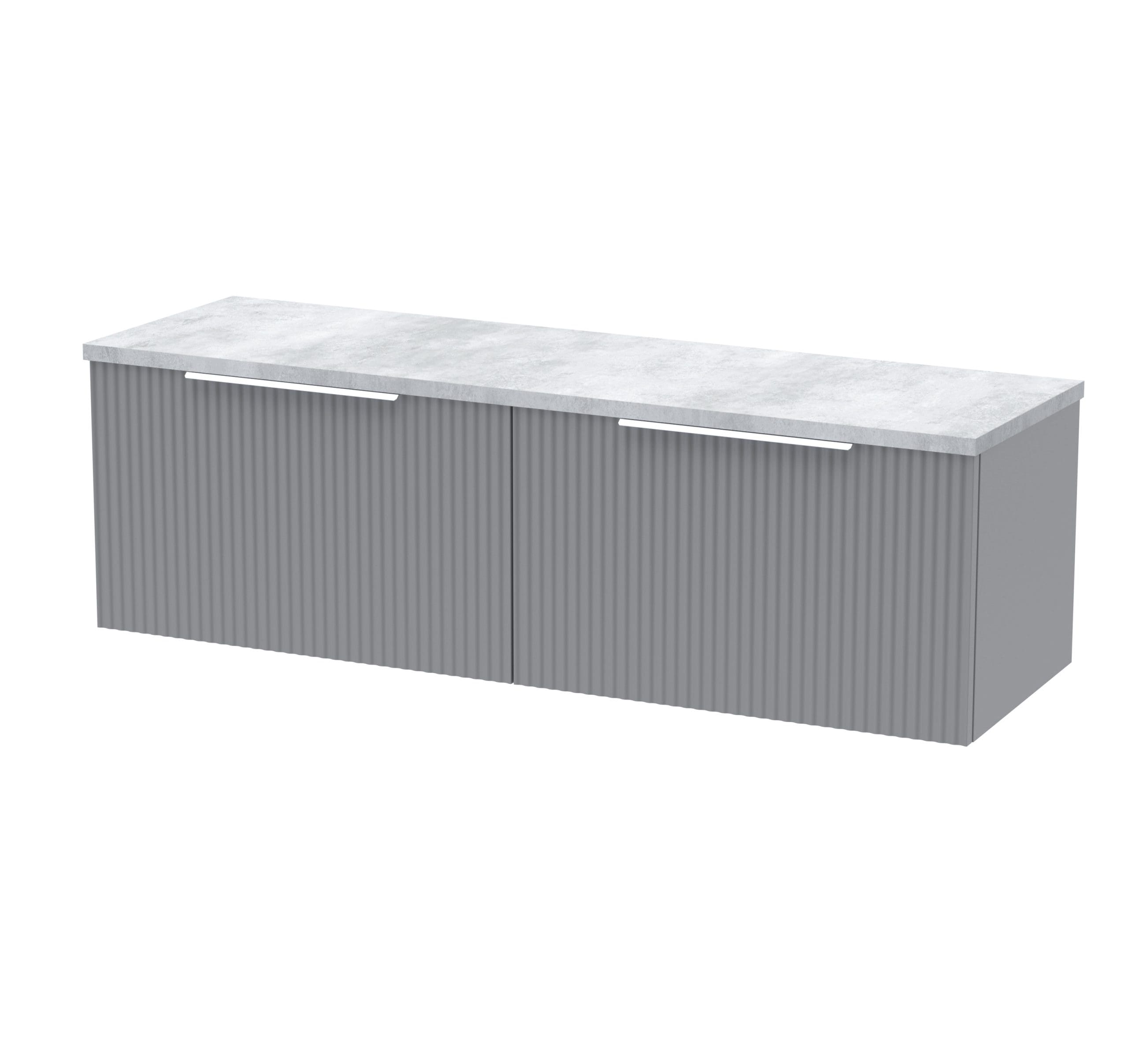 Modern grey bathroom cabinet with ribbed doors and marble-effect countertop for stylish bathroom storage solutions.