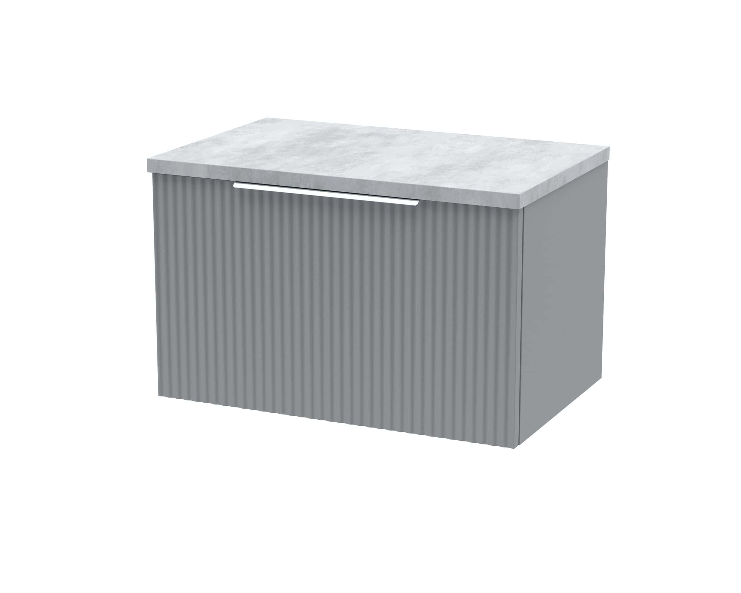 Contemporary grey bathroom vanity with marble countertop and textured panel design, ideal for modern bathroom decor. Perfect for storage and aesthetic appeal.