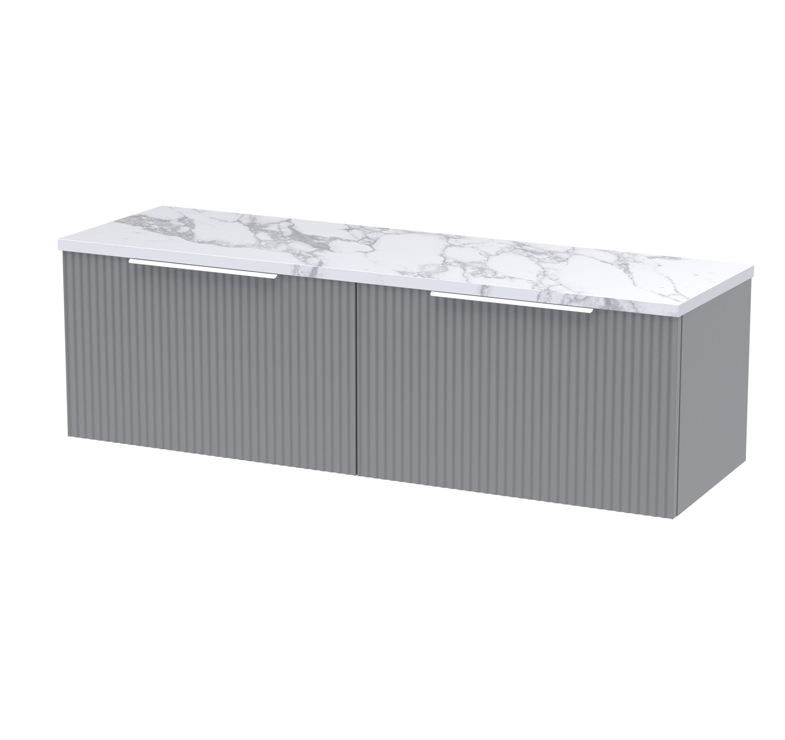 Sleek modern bathroom vanity with a marble top and ribbed grey cabinetry, ideal for contemporary bathroom designs and storage solutions.