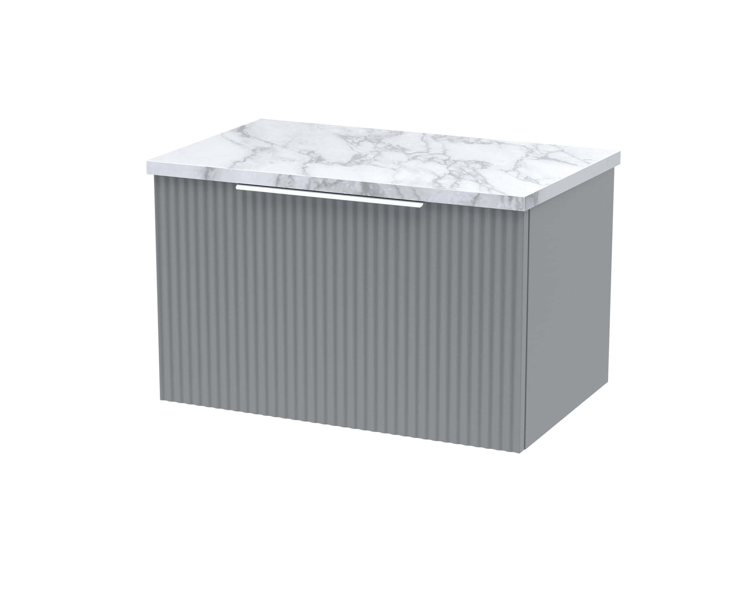 Sleek grey bathroom cabinet with ribbed finish and marble countertop, perfect for modern bathroom storage solutions.