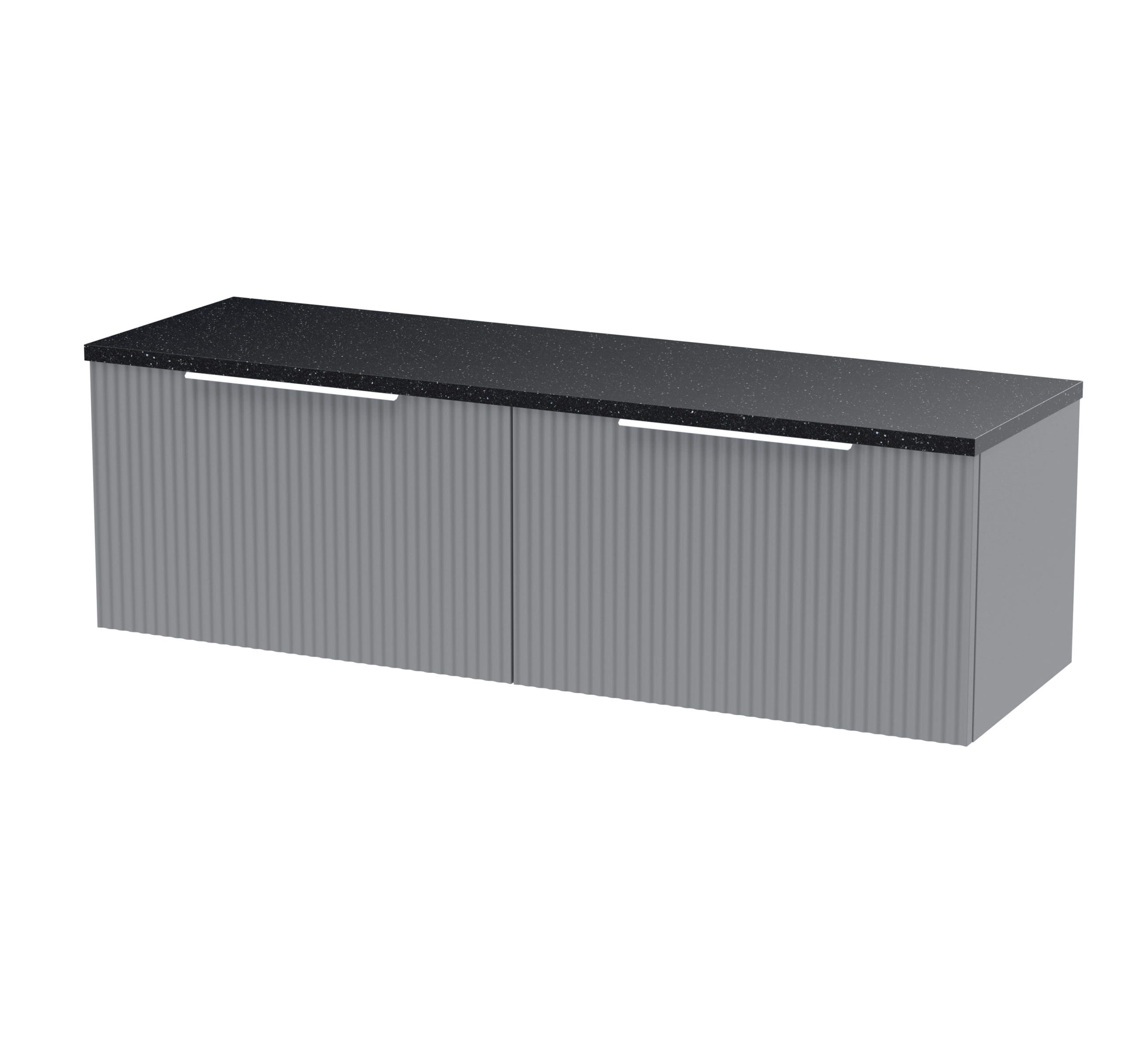 Sleek grey bathroom storage cabinet with a black speckled countertop, modern design, and vertical ribbed detailing, perfect for contemporary bathroom interiors.