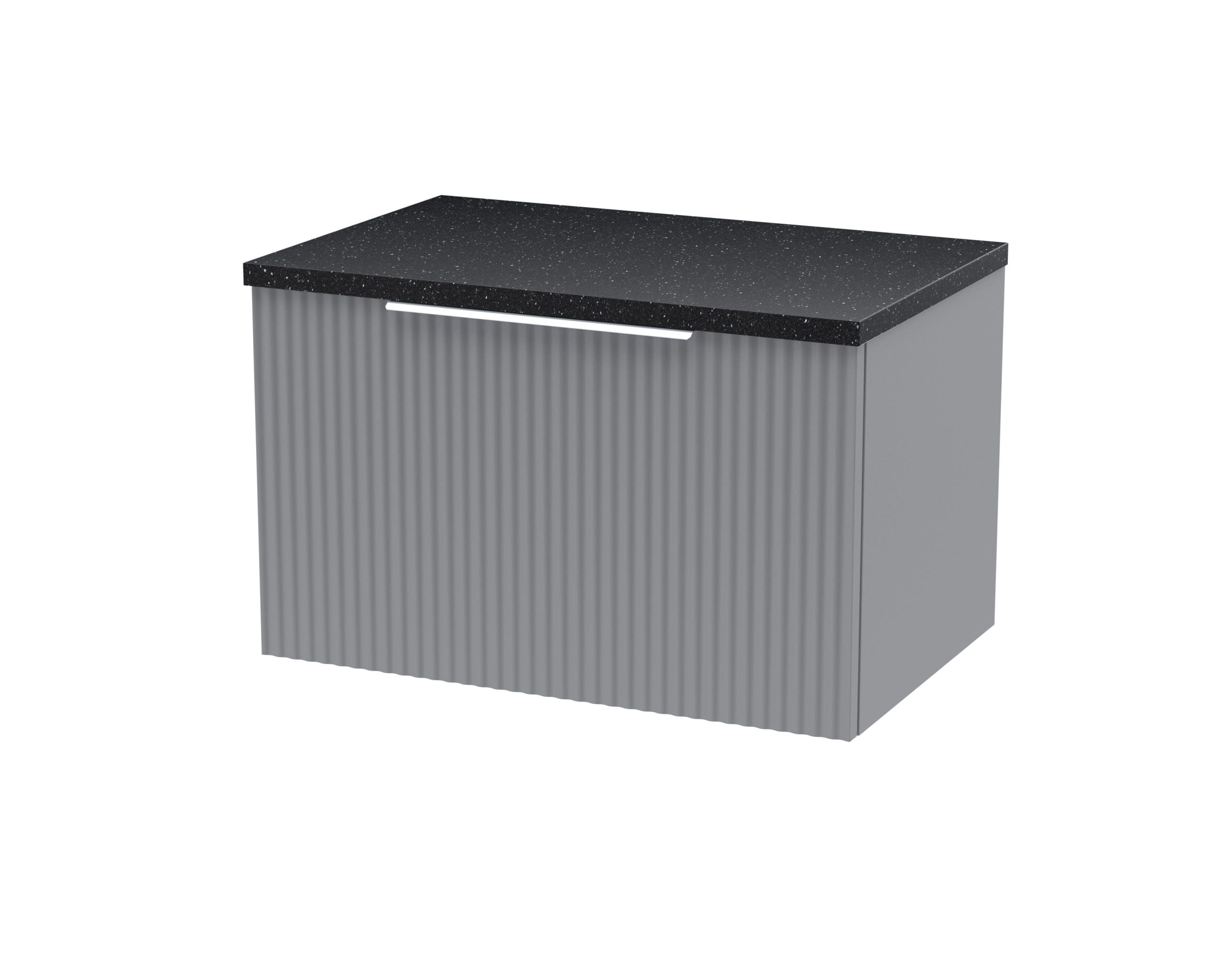 Modern grey bathroom vanity with black granite countertop, stylish ribbed cabinet design, perfect for contemporary bathroom storage and decor.