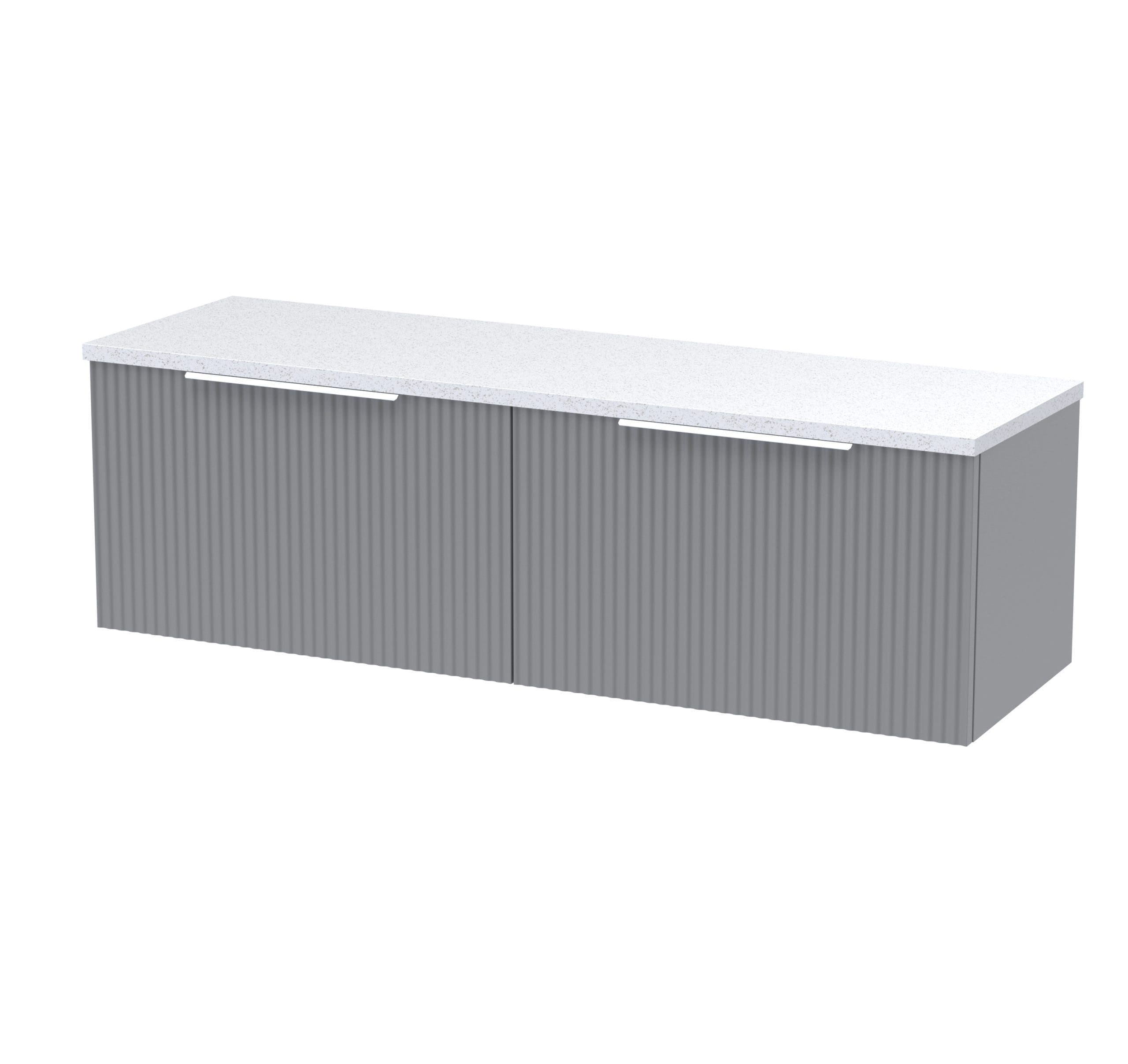 Smooth grey bathroom cabinet with a white speckled countertop, modern design, ideal for contemporary bathrooms, offering stylish storage solutions, from Bubly Bathrooms.