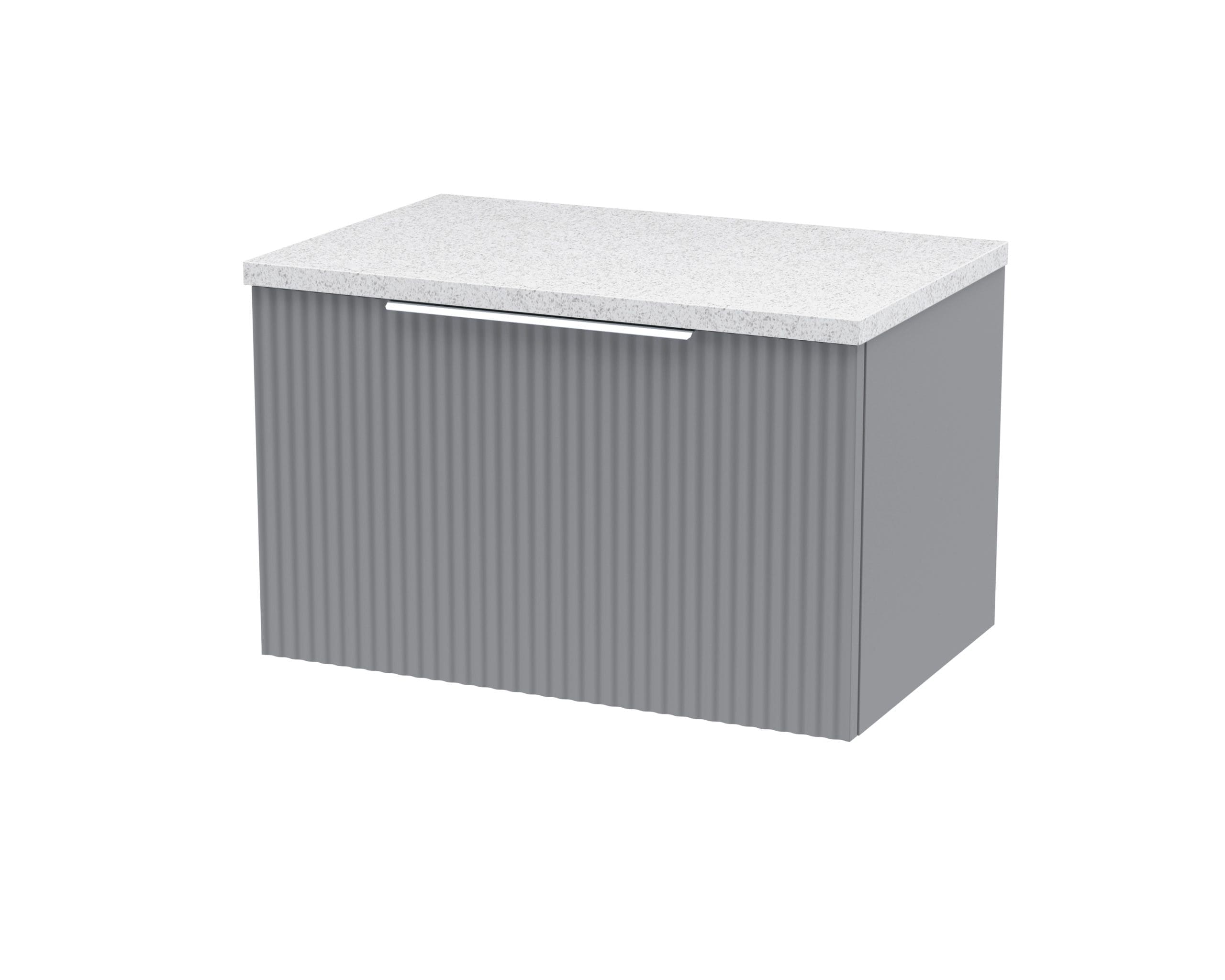 Sleek grey bathroom vanity unit with ribbed finish and a white speckled countertop, ideal for modern bathroom storage solutions. Perfect for contemporary bathroom design.